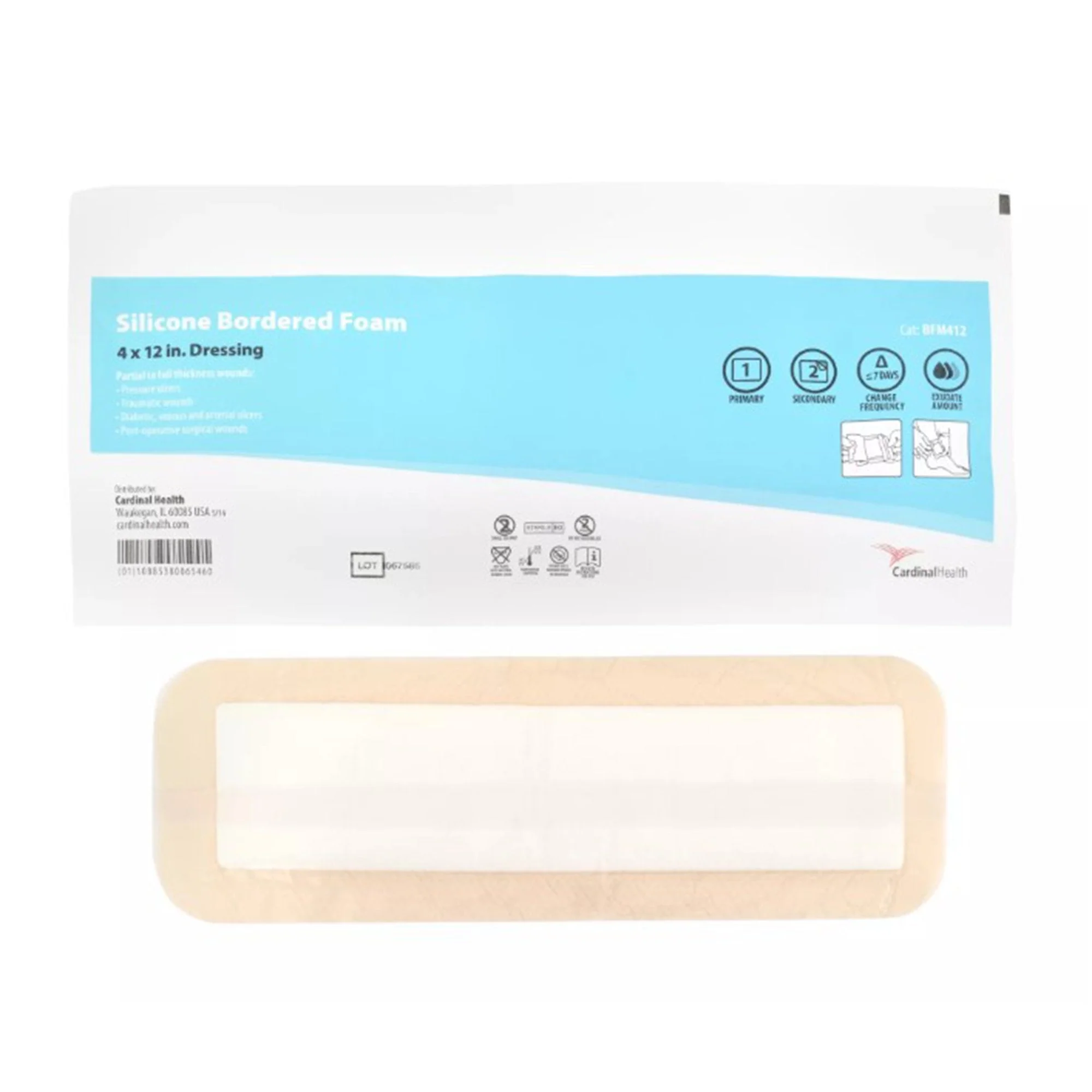 Cardinal 5-Layer Foam Dressing Kendall 4 X 13 Inch With Border Film Backing Silicone Adhesive Rectangle Sterile (25/CS)