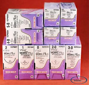 Absorbable Antibacterial Suture with Needle Coated Vicryl Plus Polyglactin 910 P-3 3/8 Circle Precision Reverse Cutting Needle Size 4-0 Braided