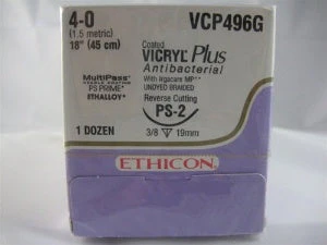Absorbable Antibacterial Suture with Needle Coated Vicryl Plus Polyglactin 910 PS-2 3/8 Circle Precision Reverse Cutting Needle Size 4-0 Braided