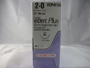 Absorbable Antibacterial Suture with Needle Coated Vicryl Plus Polyglactin 910 SH 1/2 Circle Taper Point Needle Size 2-0 Braided