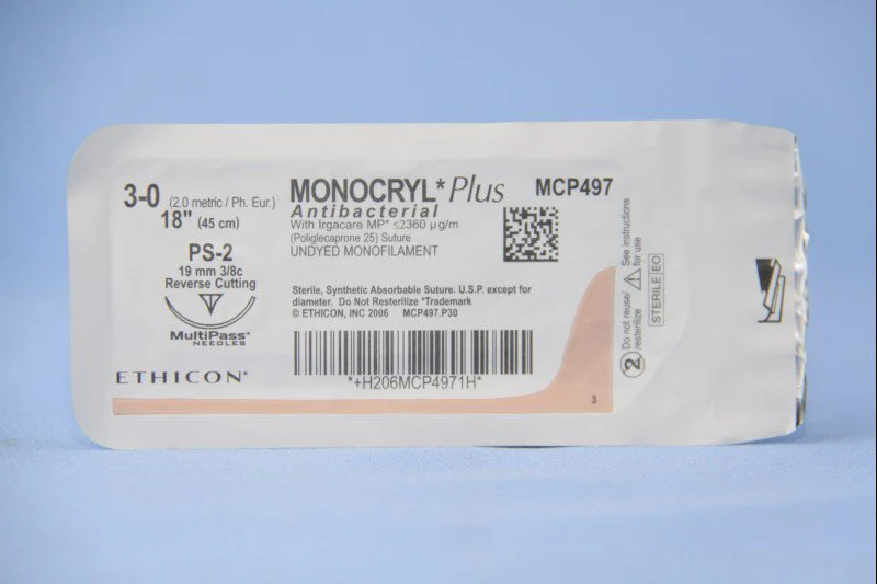 Absorbable Antibacterial Suture with Needle Monocryl Plus Poliglecaprone 25 with Irgacare MP Antibacterial Suture PS-2 3/8 Circle Precision Reverse Cutting Needle Size 3-0 Monofilament