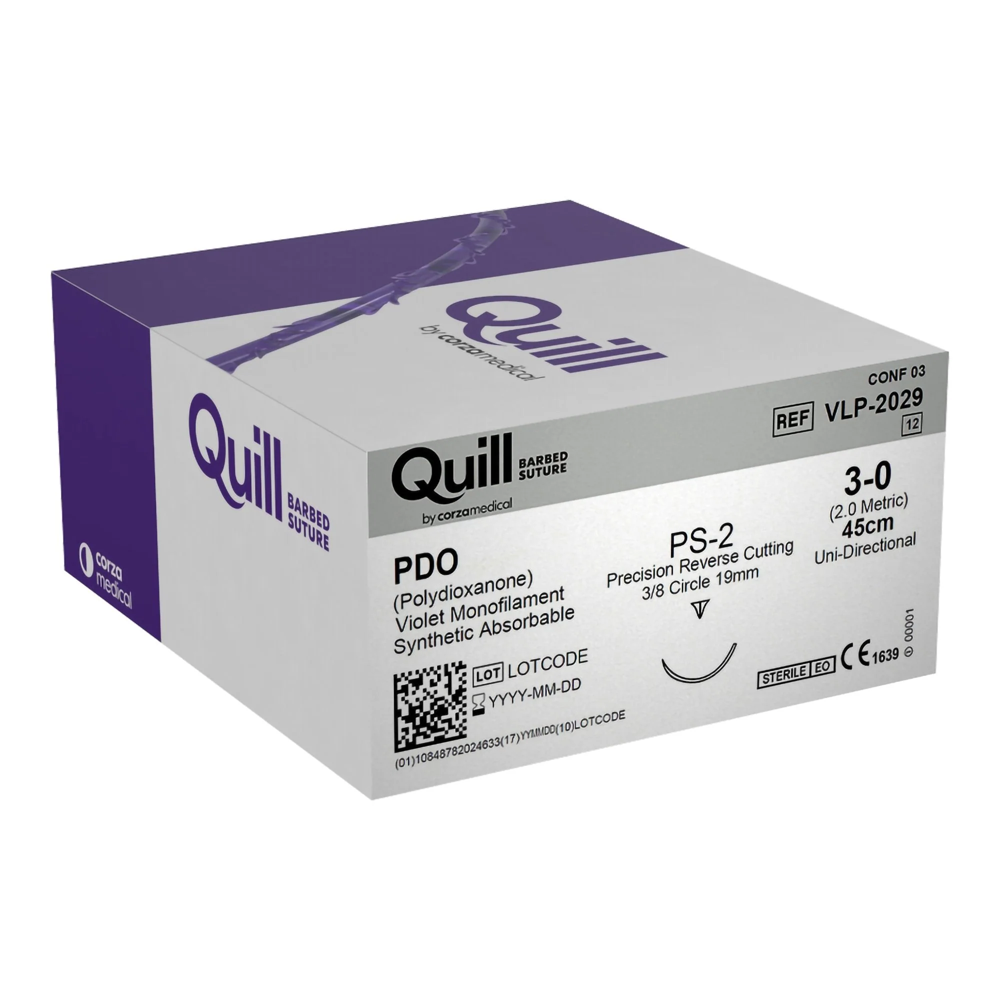 Absorbable Quill Barbed Suture with Needle Quill Polydioxanone PS-2 3/8 Circle Precision Reverse Cutting Needle Size 3-0 Barbed Monofilament