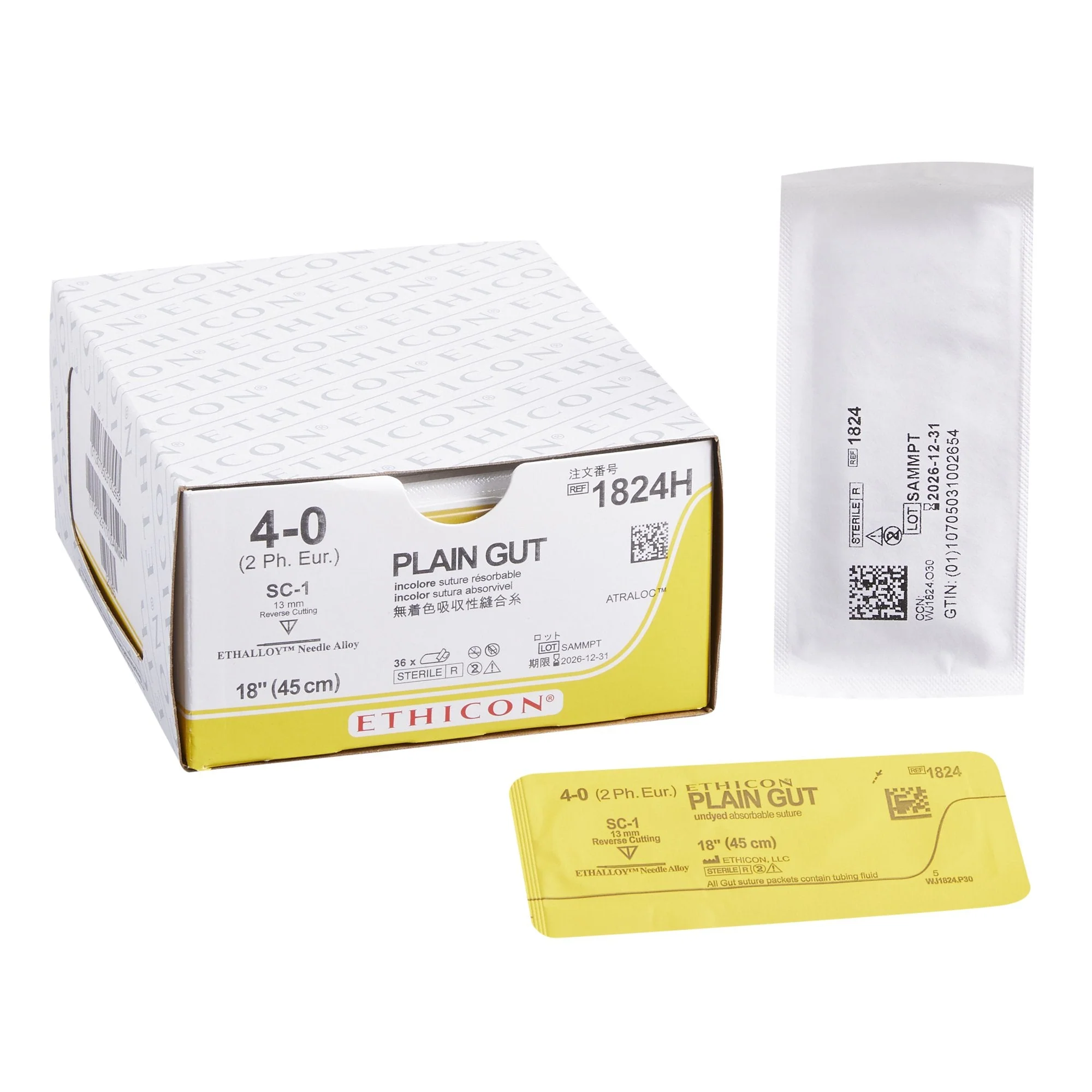 Absorbable Suture with Needle GUT PLAIN Plain Gut SC-1 Straight Reverse Cutting Needle Size 4-0 Monofilament