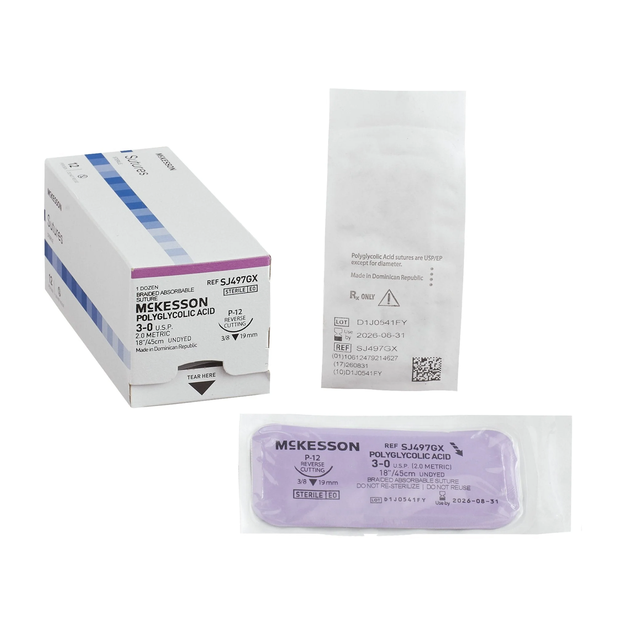 Absorbable Suture with Needle McKesson Polyglycolic Acid P-12 3/8 Circle Precision Reverse Cutting Needle Size 3-0 Braided