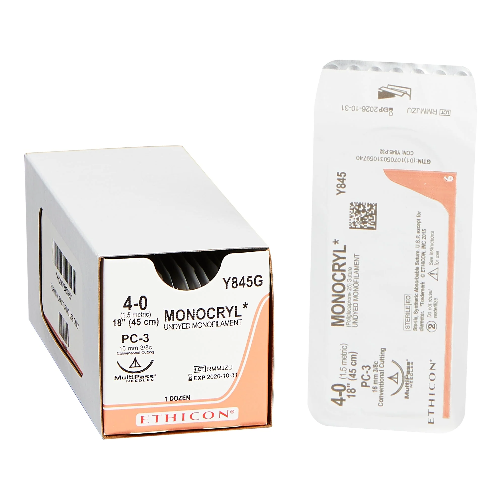 Absorbable Suture with Needle Monocryl Poliglecaprone PC-3 3/8 Circle Precision Conventional Cutting Needle Size 4-0 Monofilament
