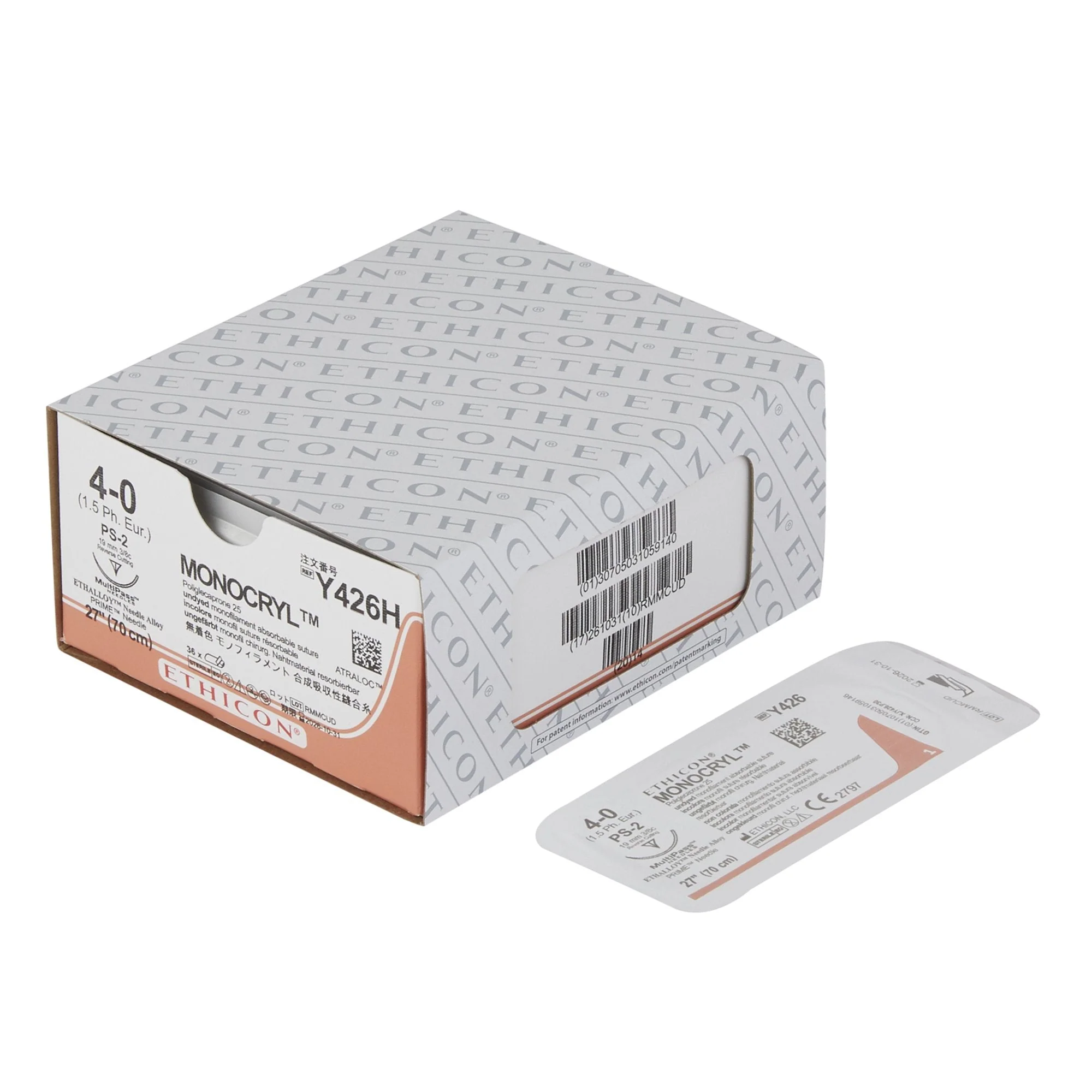 Absorbable Suture with Needle Monocryl Poliglecaprone PS-2 3/8 Circle Precision Reverse Cutting Needle Size 4-0 Monofilament