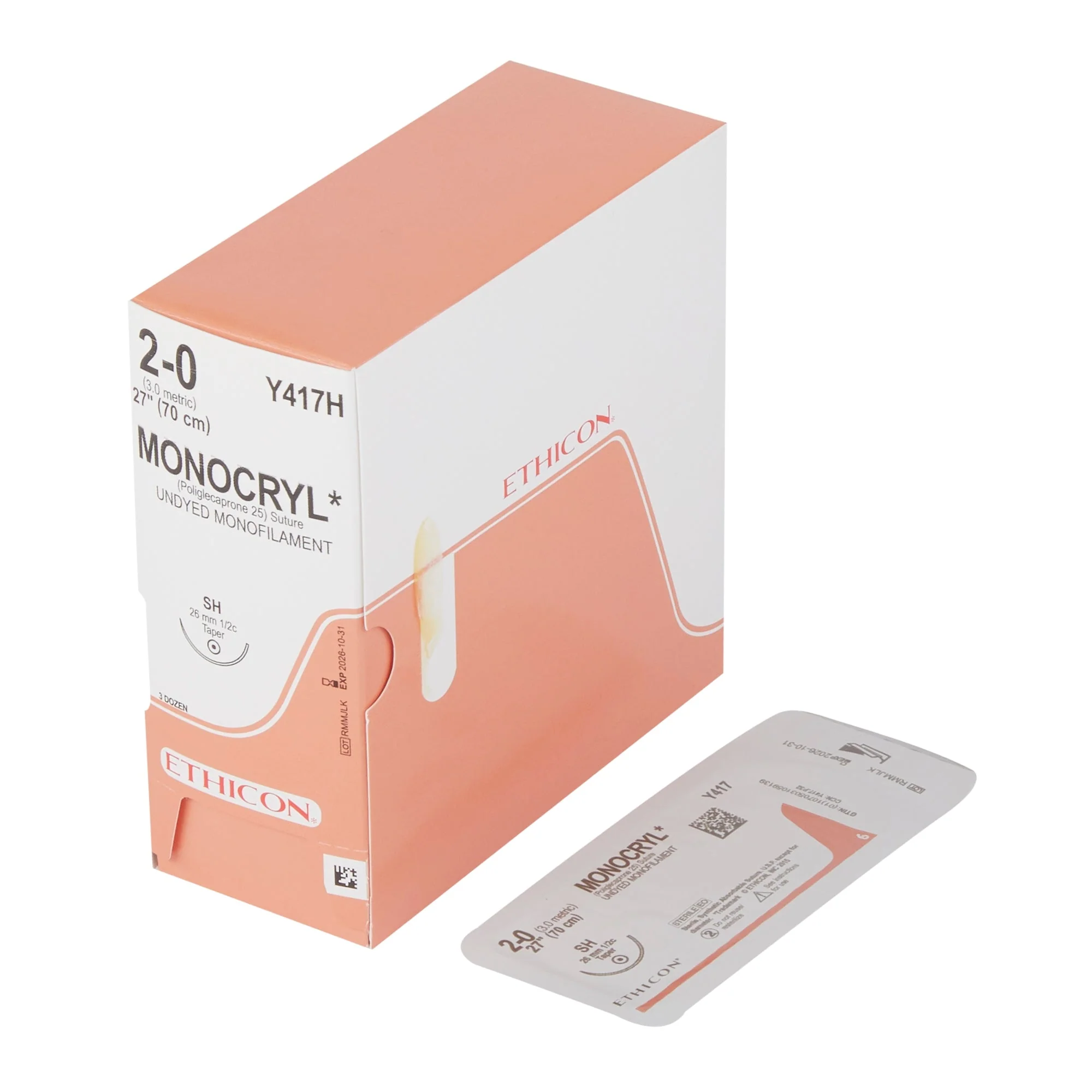 Absorbable Suture with Needle Monocryl Poliglecaprone SH 1/2 Circle Taper Point Needle Size 2-0 Monofilament