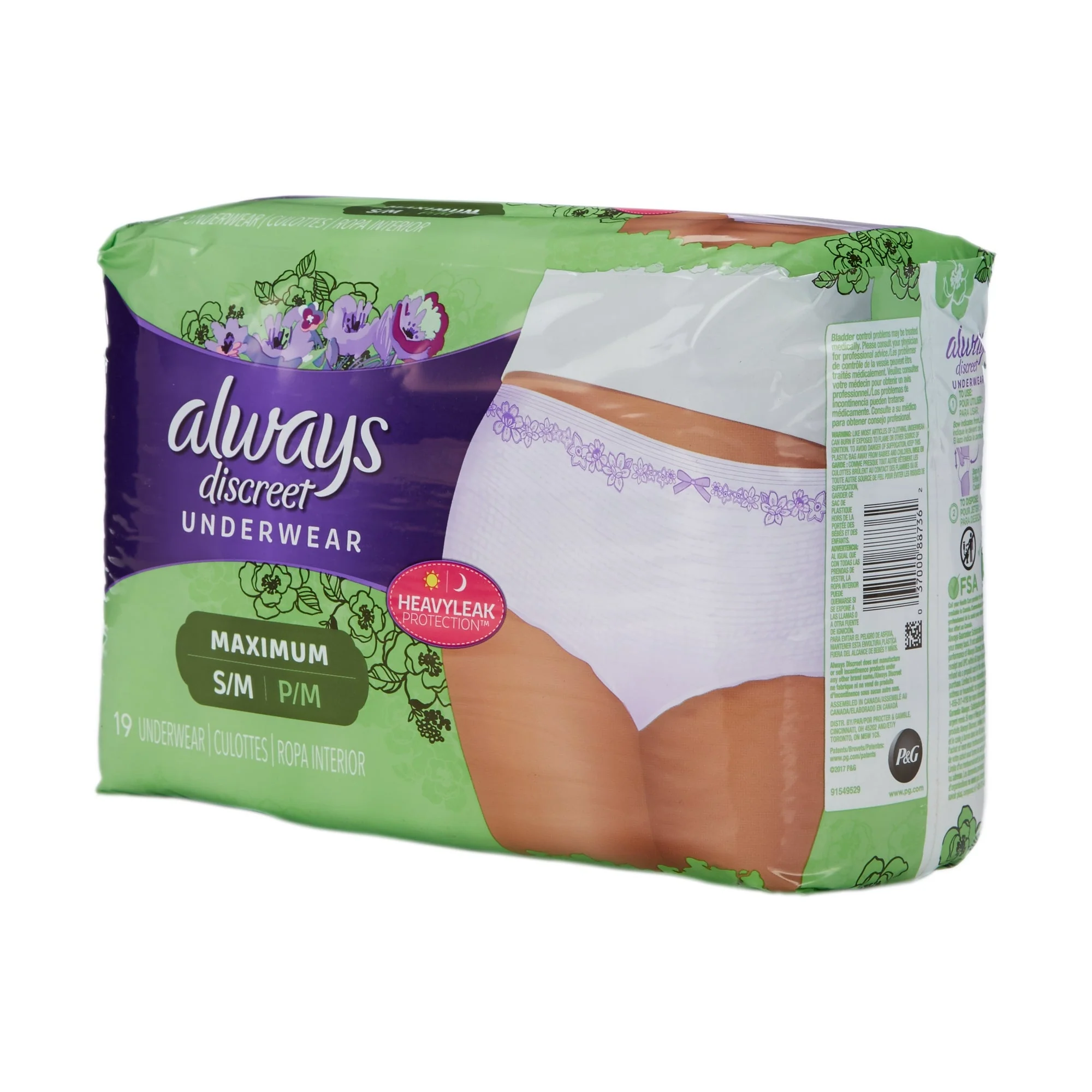 Absorbent Underwear Always Discreet Pull On with Tear Away Seams Adult Small / Medium Female Disposable Heavy Absorbency