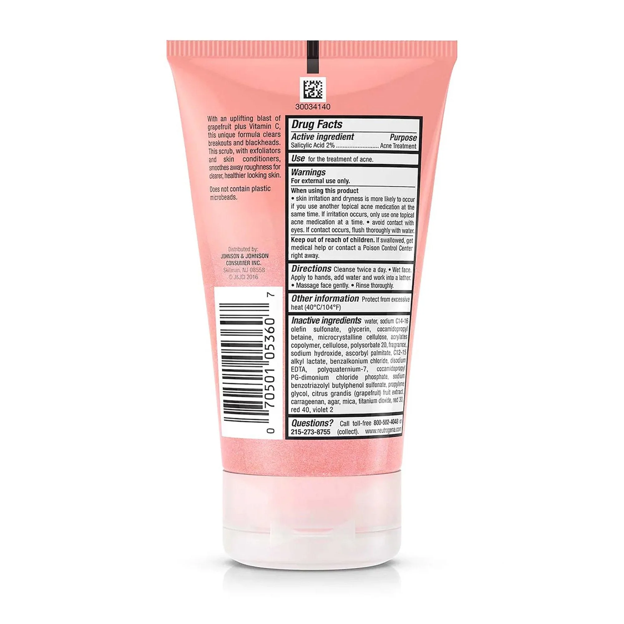 J & J Sales Neutrogena Oil-Free Acne Wash Pink Grapefruit Foaming Scrub, 4.2-ounce Tube - Image 2
