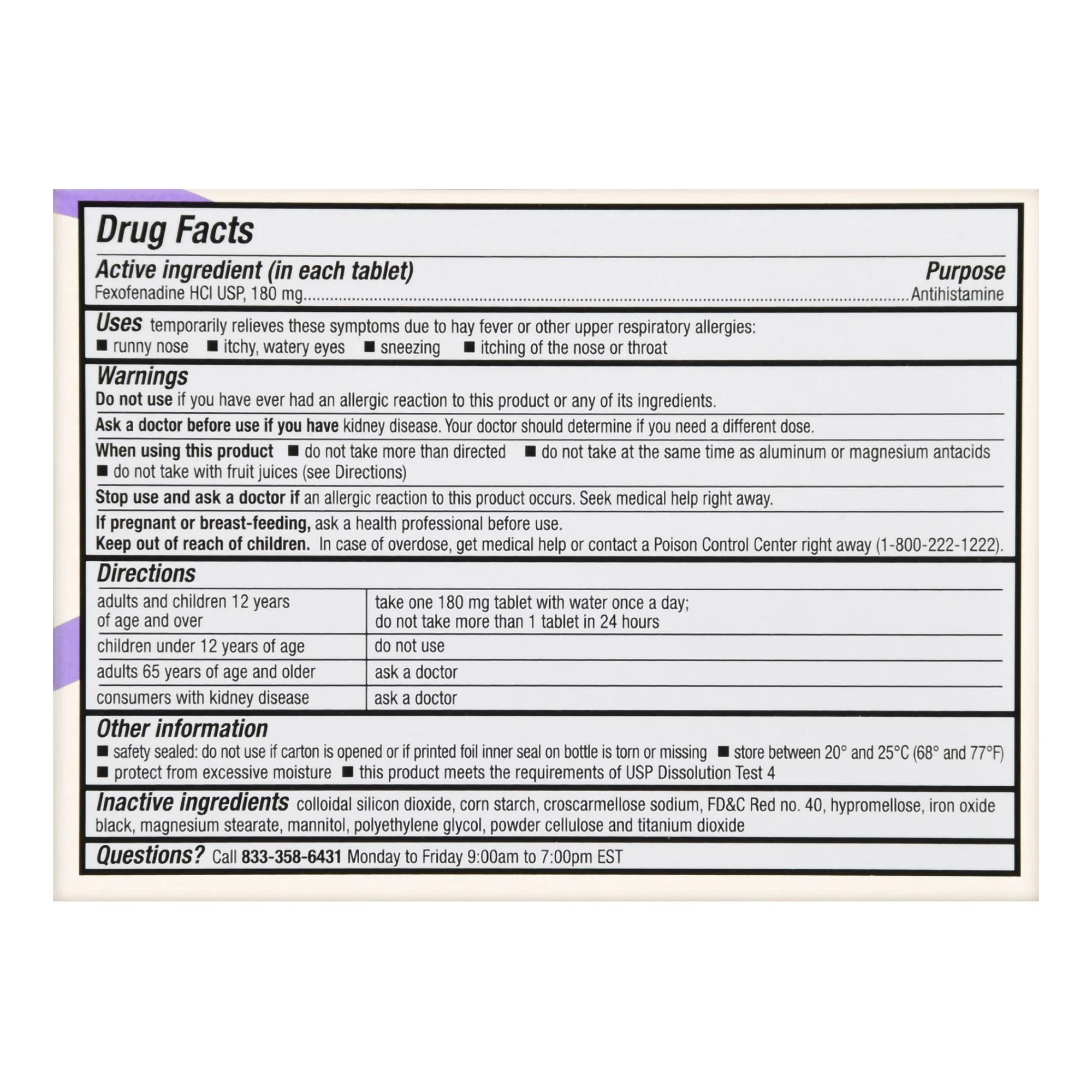 McKesson Brand Foster & Thrive 24 Hour Allergy Relief Fexofenadine HCl USP 180 mg Tablets (30/BX) - Image 2