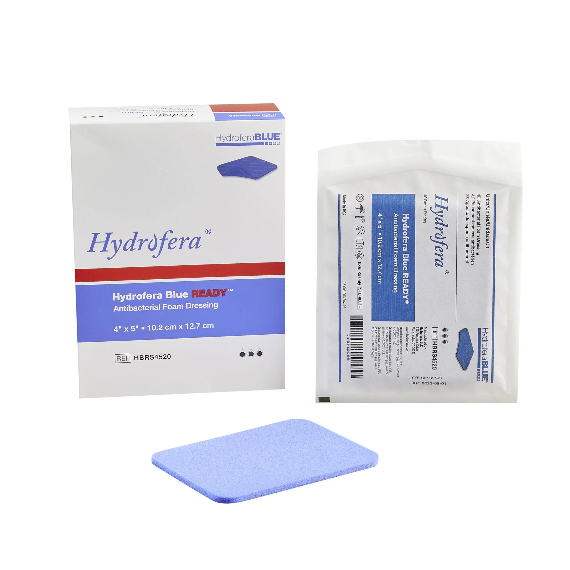 Antibacterial Foam Dressing Hydrofera BLUE READY 4 X 5 Inch Without Border Waterproof Film Backing Nonadhesive Rectangle Sterile