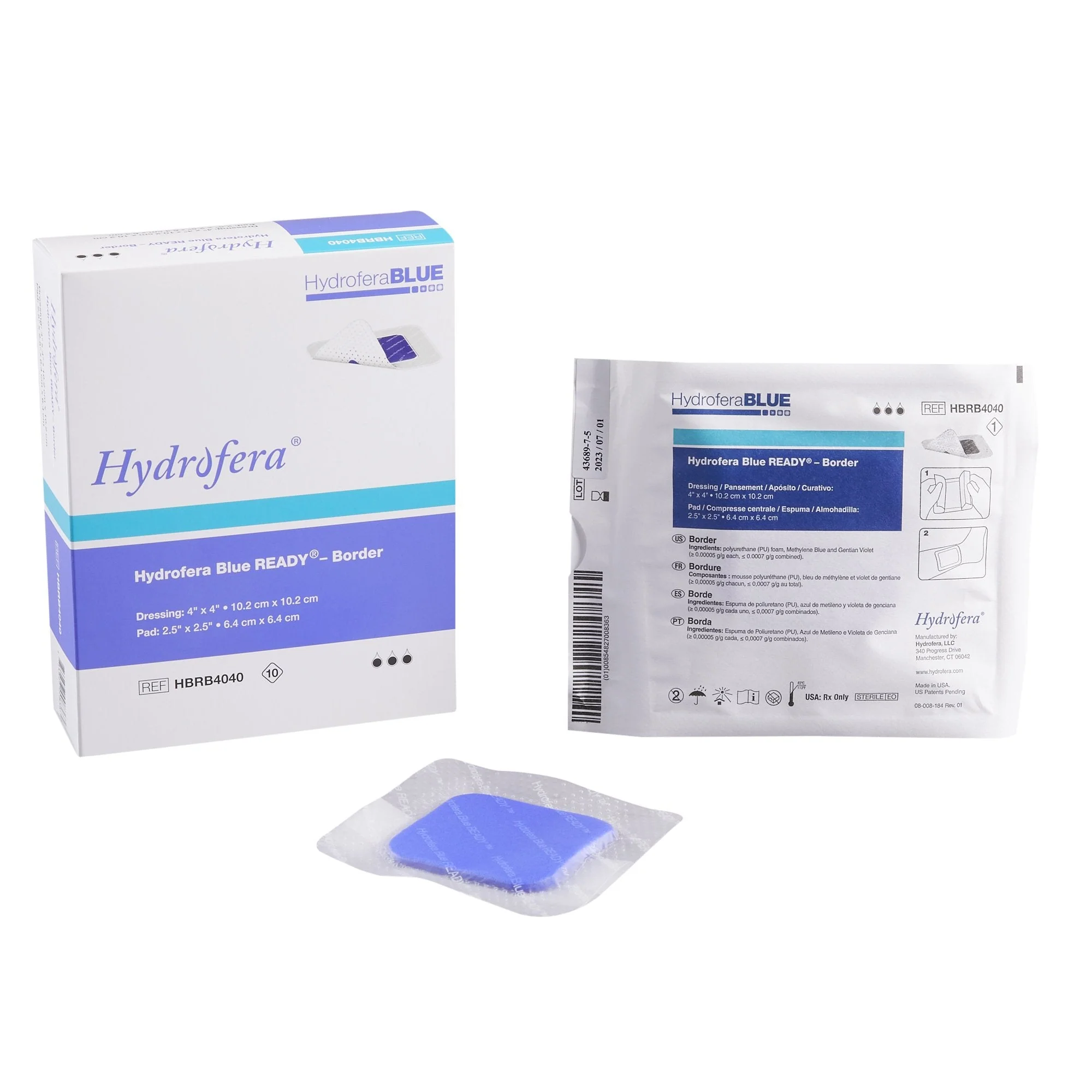 Antibacterial Foam Dressing Hydrofera BLUE READY-Border 4 X 4 Inch With Border Waterproof Film Backing Silicone Adhesive Square Sterile