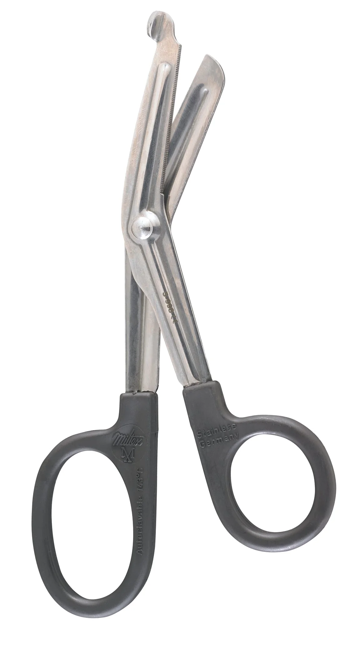 Bandage and Utility Scissors McKesson Argent 6-1/2 Inch Length OR / Surgical Grade German Stainless Steel / Plastic NonSterile Black Finger Ring Handle Angled Blunt Tip / Blunt Tip