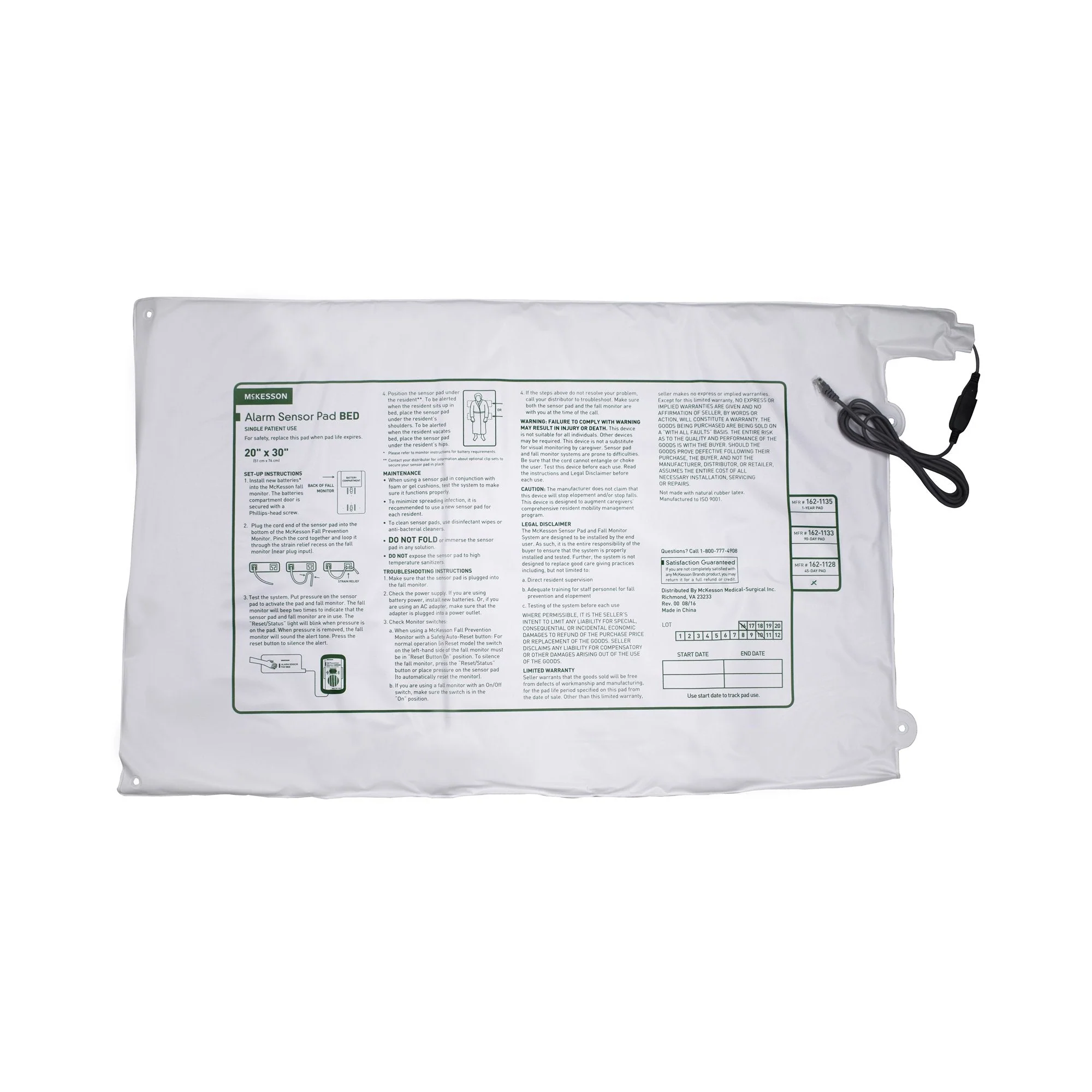 McKesson Brand McKesson Bed Alarm Sensor Pad, 20 x 30 Inch (20/CS)