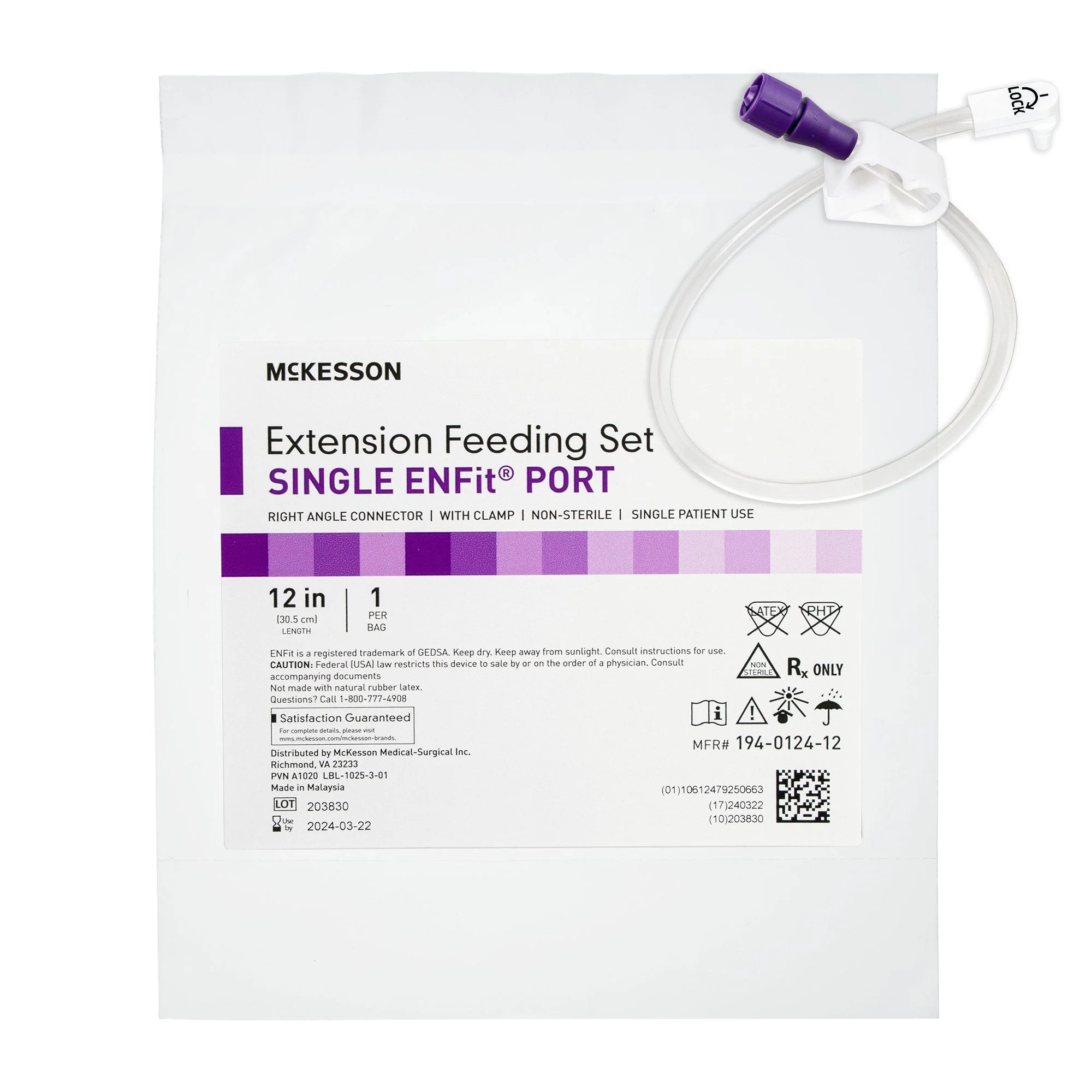 Bolus Enteral Feeding Extension Tube Set McKesson 12 Inch, EnFit, Secure Lock Right Angle Connector and Clamp, NonSterile For Use with Low-Profile Gastrostomy, Jejunal and Transgastric-Jejunal Feeding Tube