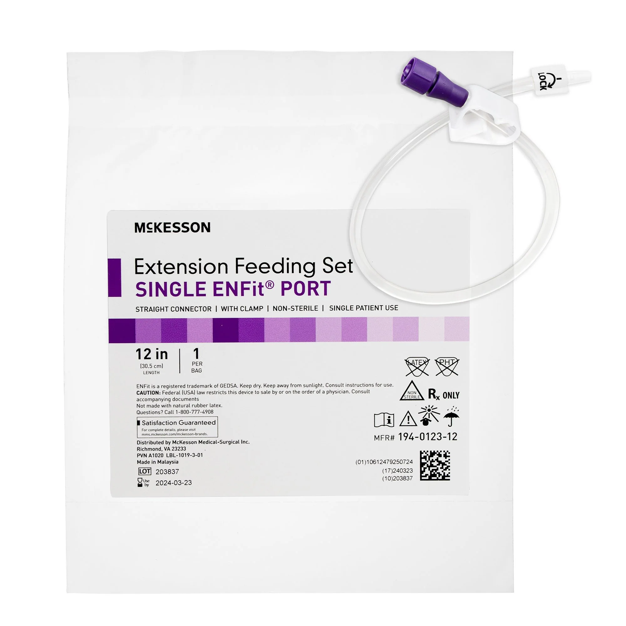 Bolus Enteral Feeding Extension Tube Set McKesson 12 Inch, Enfit, Secure Lock Straight Connector and Clamp, NonSterile For Use with Low-Profile Gastrostomy, Jejunal and Transgastric-Jejunal Feeding Tube