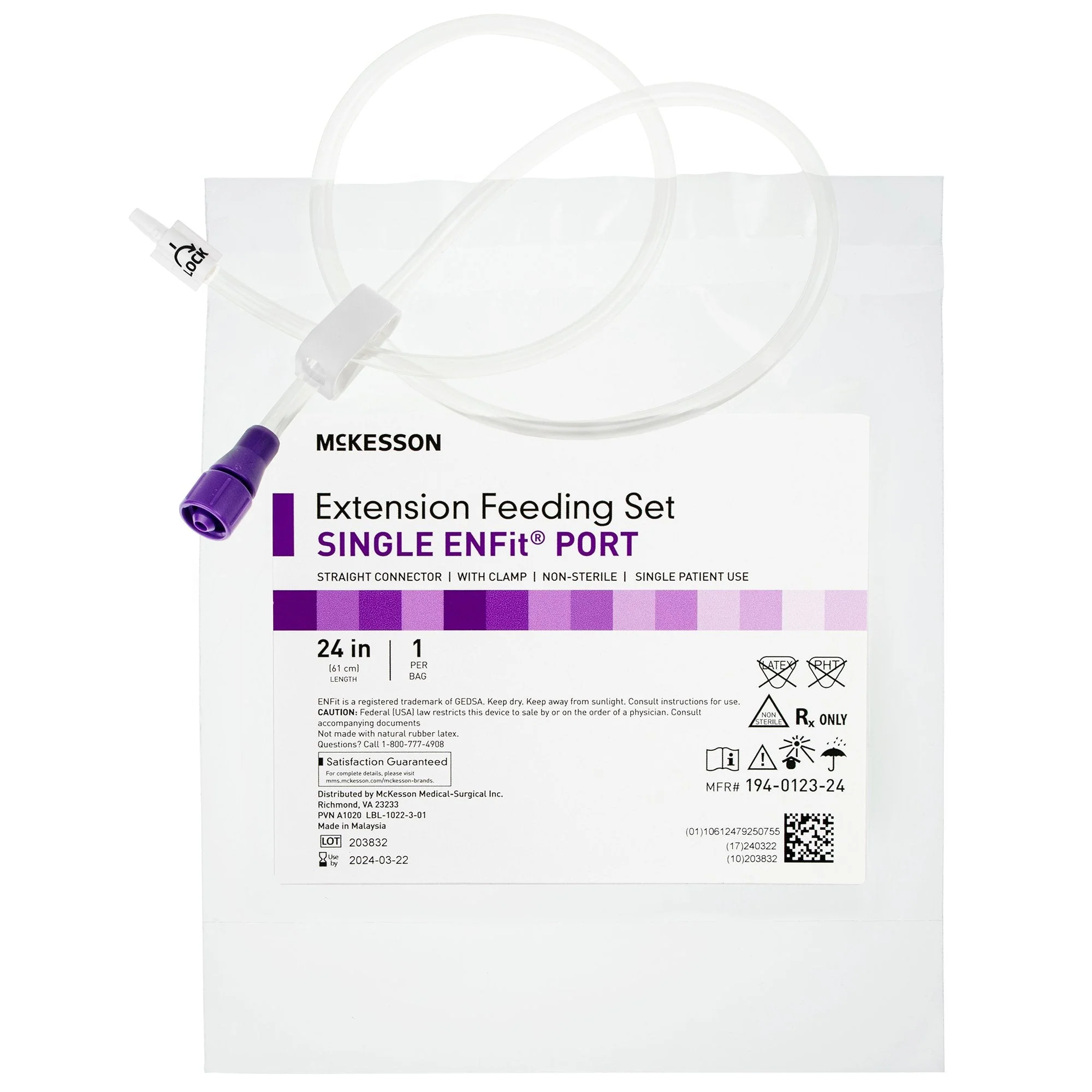 Bolus Enteral Feeding Extension Tube Set McKesson 24 Inch, EnFit, Secure Lock Straight Connector and Clamp, NonSterile For Use with Low-Profile Gastrostomy, Jejunal and Transgastric-Jejunal Feeding Tube