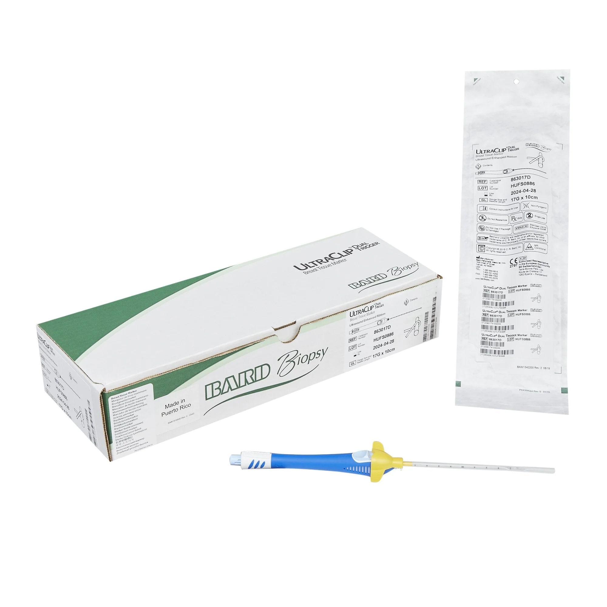 Breast Tissue Marker UltraCLIP Dual Trigger 17 Gauge X 10 cm Needle with 3 mm Titanium, Ribbon Shaped Marker