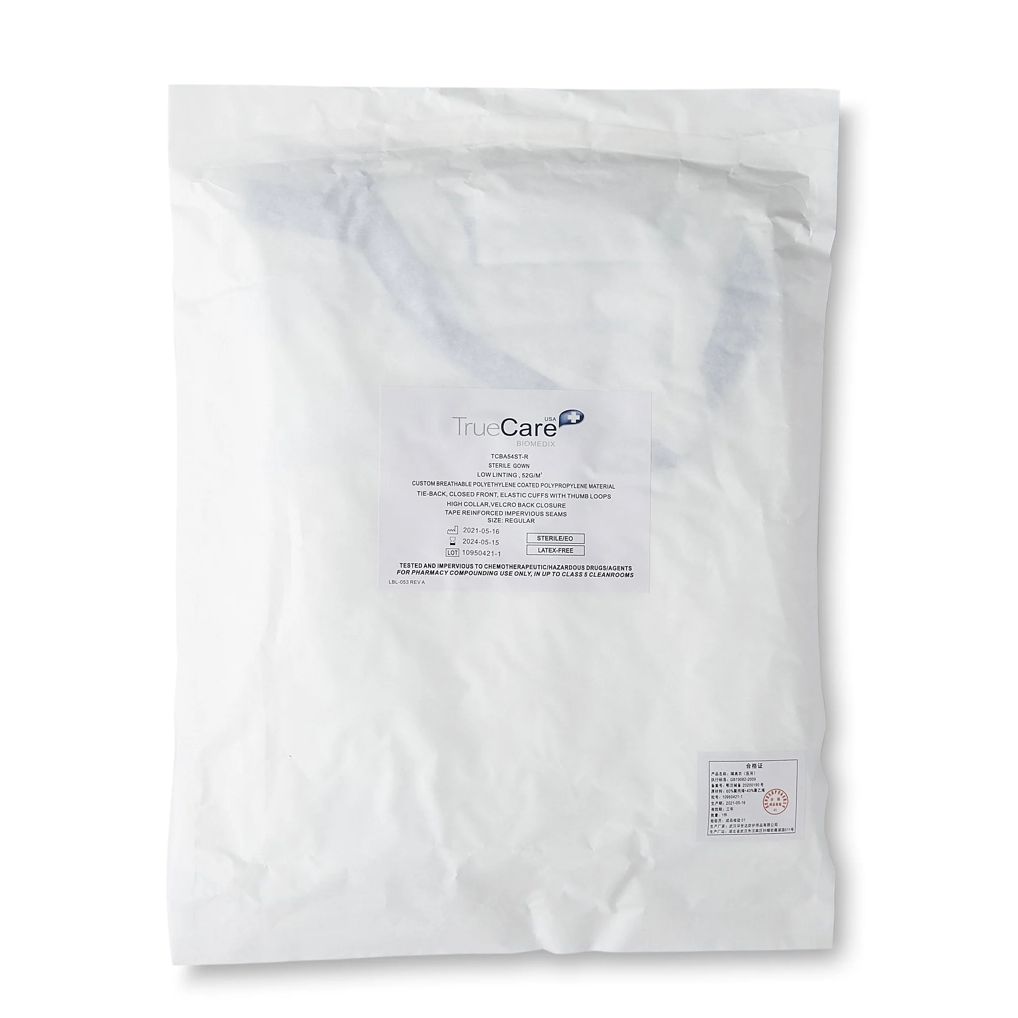 TrueCare Biomedix Chemotherapy Procedure Gown One Size Fits Most White Sterile ASTM F739-12 Disposable (50/CT) - Image 3