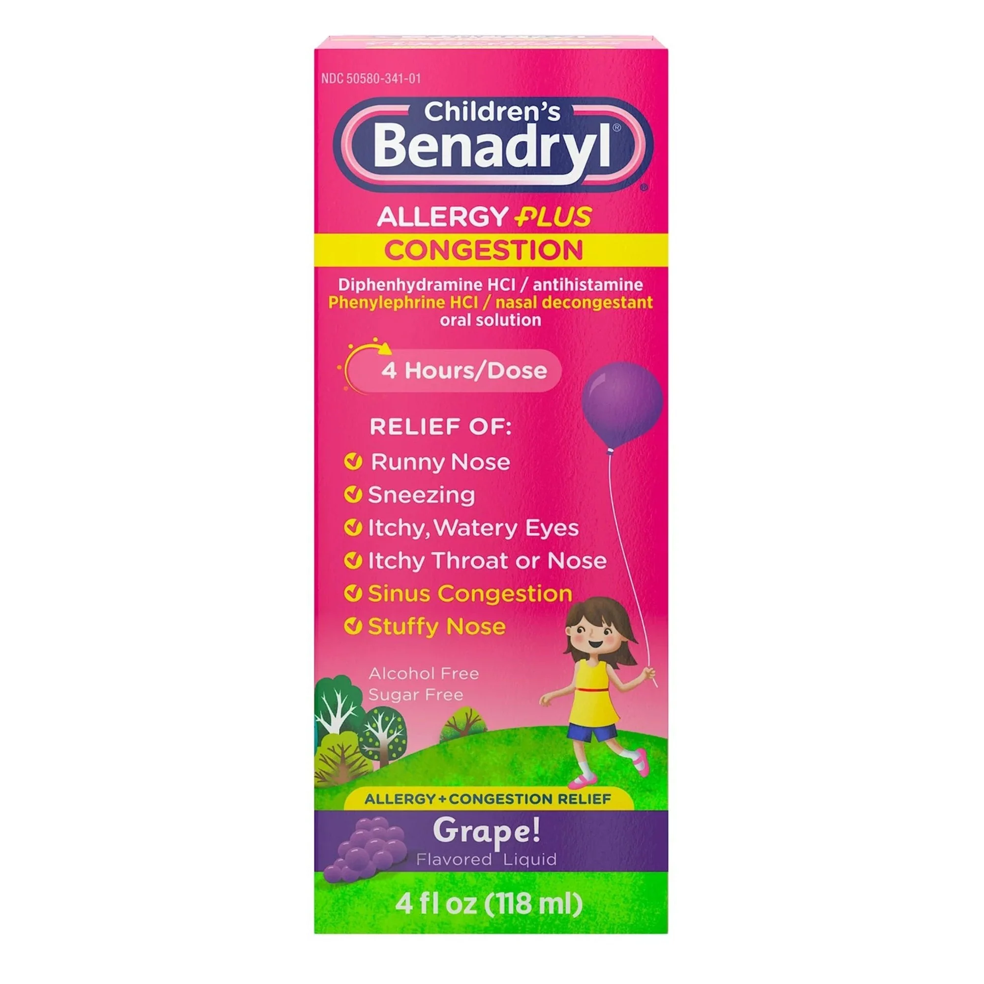J & J Sales Benadryl Children's Allergy Plus Congestion Liquid Grape Flavor, 4 ounces