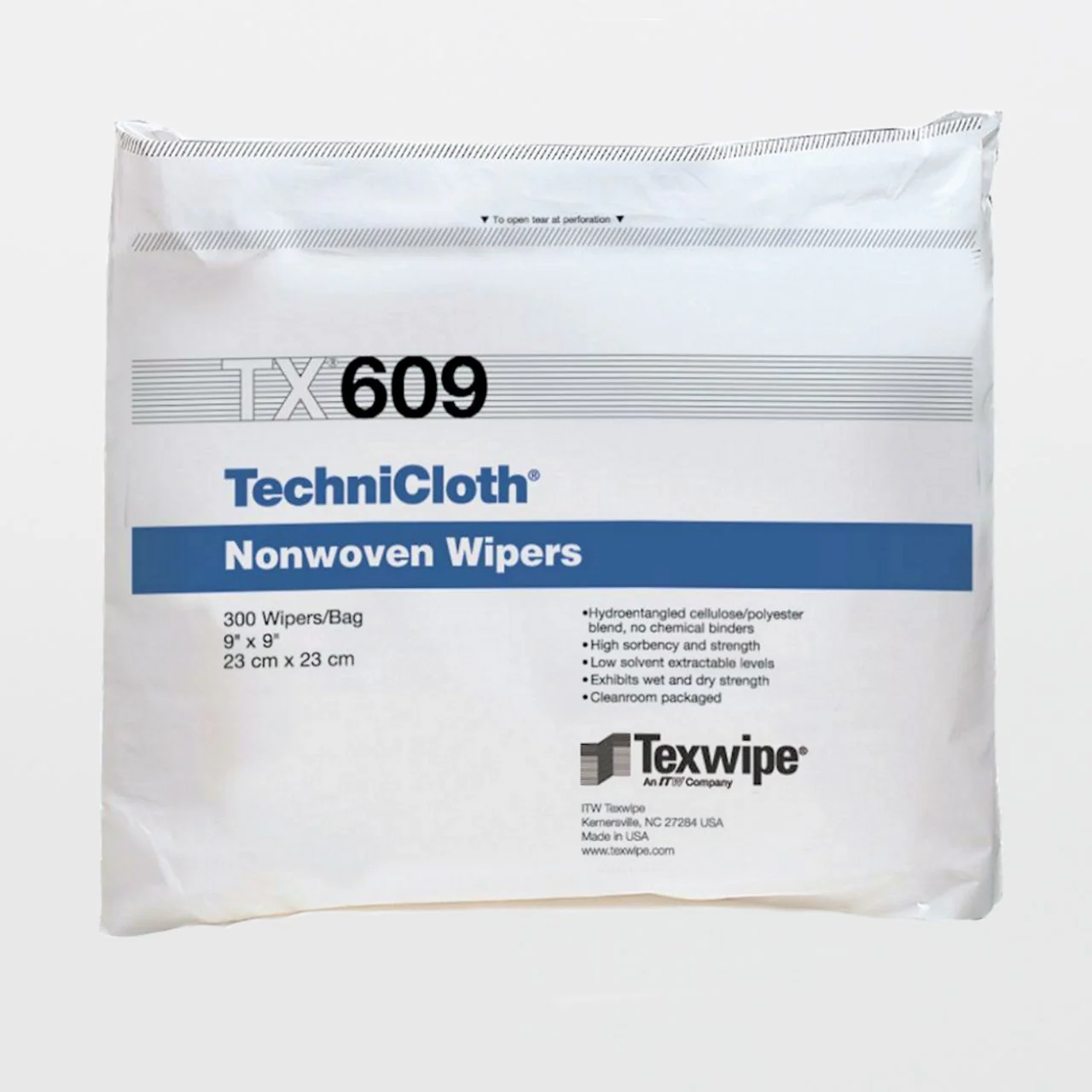 Texwipe Cleanroom Wipe TechniCloth 300 Count Bag 9 X 9 Inch NonSterile Disposable (3000/CS)