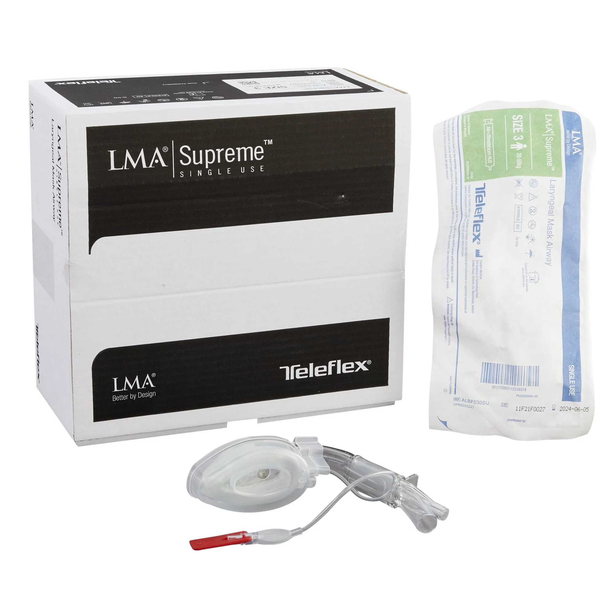 Curved Laryngeal Mask LMA Supreme Size 3 30 mL Cuff Silicone Single Patient Use Sterile