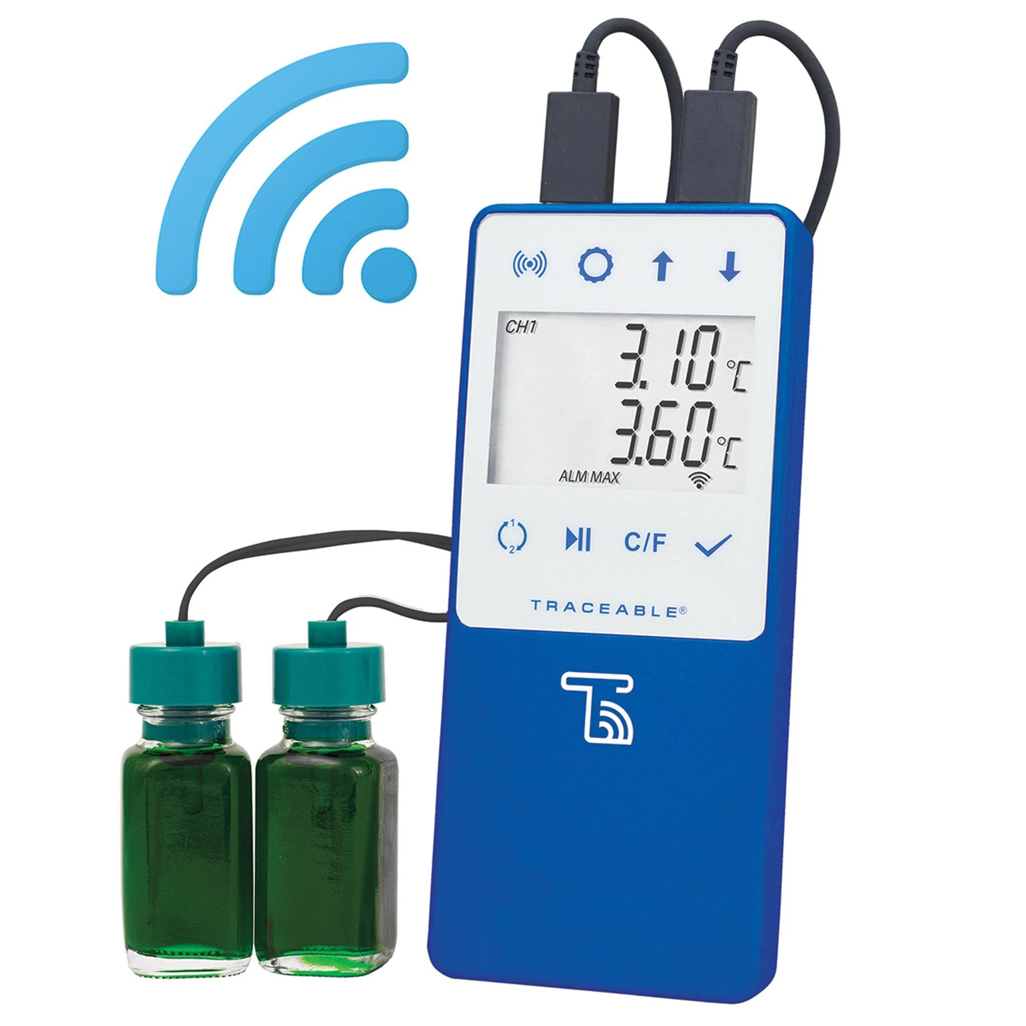 Cole-Parmer/Antylia Scientific Datalogging Refrigerator / Freezer Thermometer with Alarm TraceableLIVE Fahrenheit / Celsius -58° to +140°F (-50° to +60°C) 2 Glycol Bottle Probes Multiple Mounting Options Battery Operated