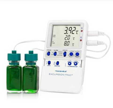 Cole-Parmer/Antylia Scientific Datalogging Refrigerator / Freezer Thermometer with Alarm Traceable Excursion-Trac Fahrenheit / Celsius -58° to +158°F (-50° to +70°C) 2 Glycol Bottle Probes Multiple Mounting Options Battery Operated