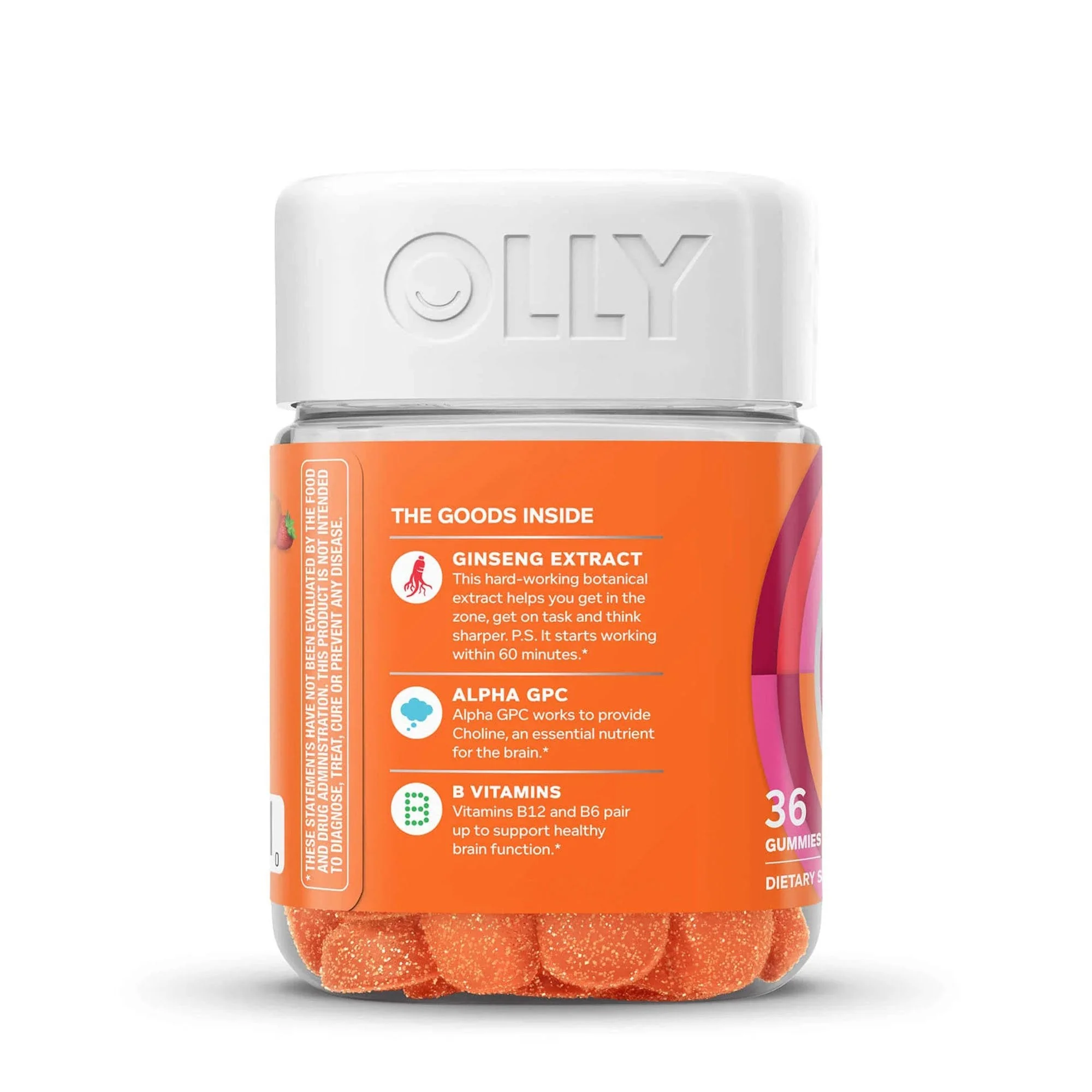OLLY Public Benefit Corp Dietary Supplement OLLY Laser Focus B6 / B12 / Ginseng / Alpha GPC 2 mg - 50 mcg - 100 mg - 20 mg Strength Gummy 36 per Bottle Berry Tang Flavor - Image 3
