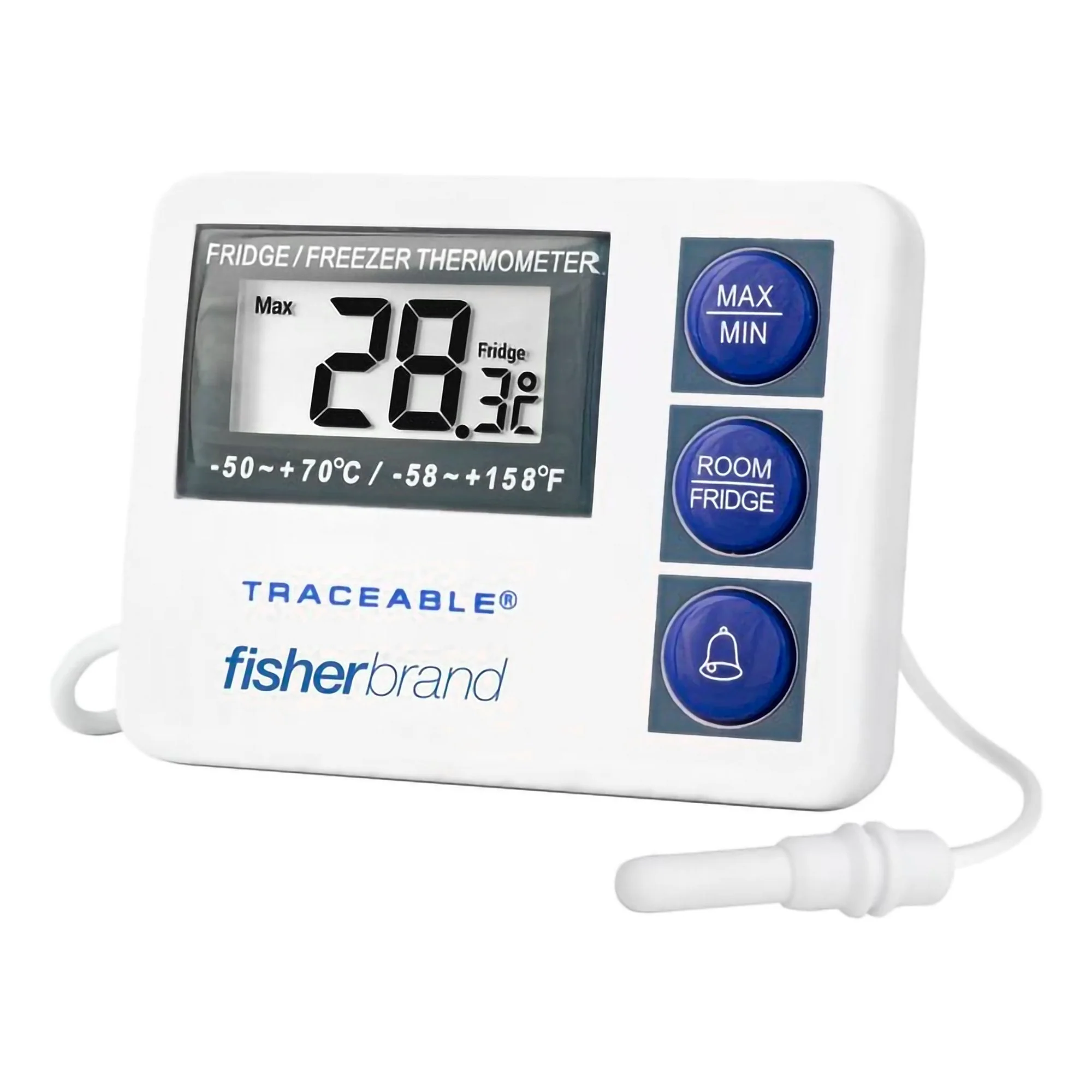 Digital Refrigerator / Freezer Thermometer with Alarm Fahrenheit / Celsius -58° to +158°F (-50° to +70°C) External Probe Flip-out Stand / Wall Mount Battery Operated