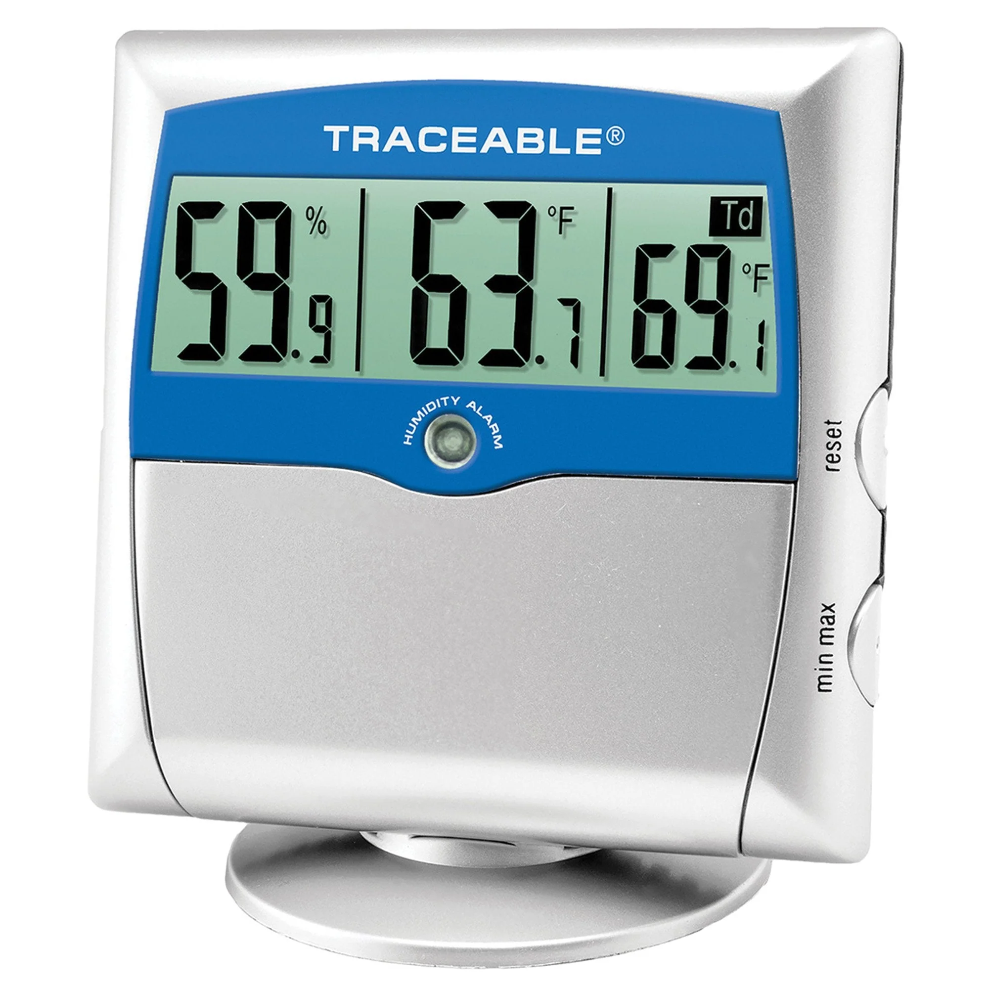 Cole-Parmer/Antylia Scientific Digital Thermometer / Hygrometer with Alarm Traceable Fahrenheit / Celsius 14° to 140°F (-10° to +60°C) Solid State Sensors Free-standing / Wall Mount Battery Operated