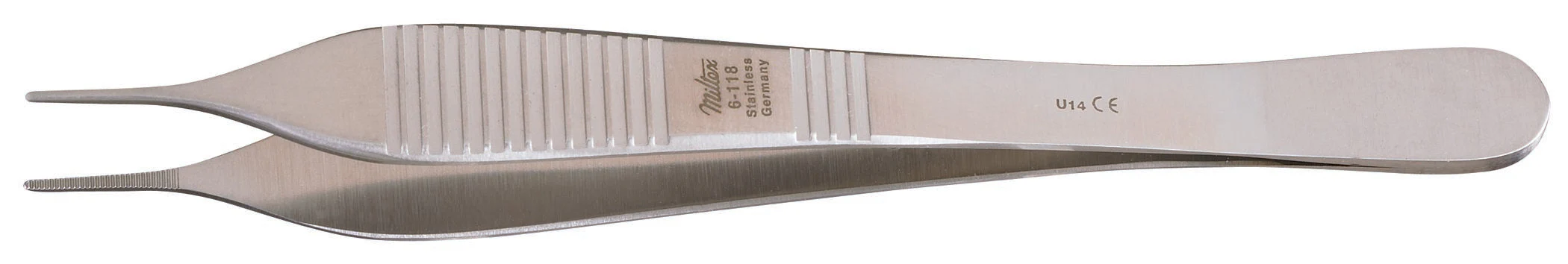 Dressing Forceps Miltex Adson 4-3/4 Inch Length OR / Surgical Grade Stainless Steel NonSterile NonLocking Thumb Handle Straight Micro, Serrated Tips