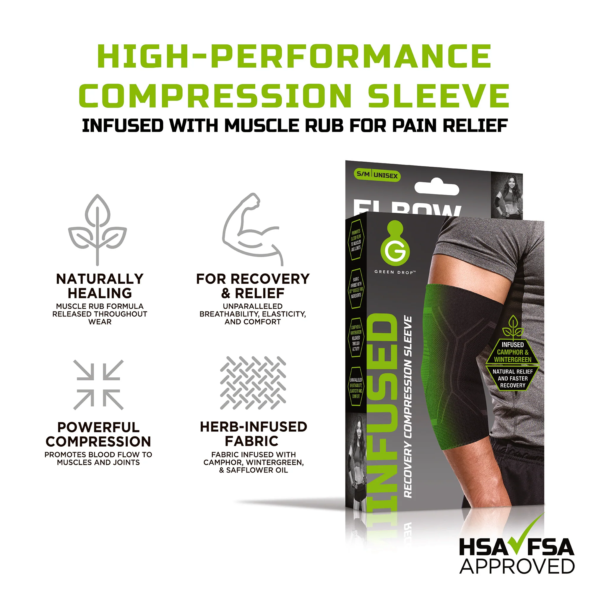 Green Drop Compression LLC Green Drop Infused Compression Sleeve Elbow Support, Small/Medium (48/CS) - Image 6