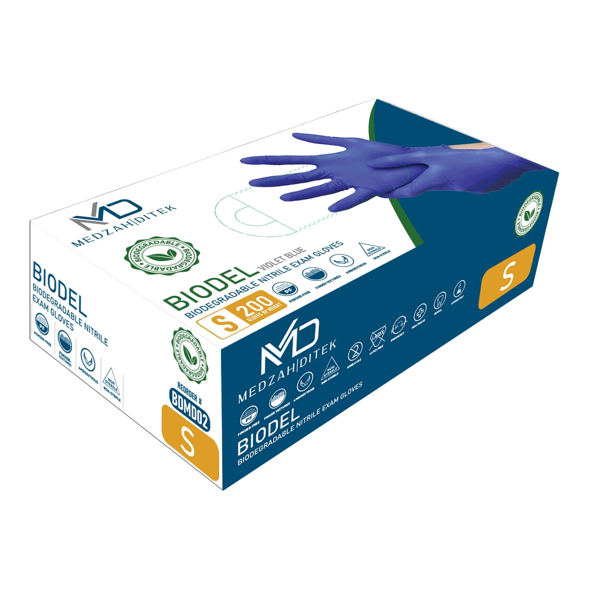 Medzah Industries Exam Glove BIODEL Small 200 per Box NonSterile Nitrile Standard Cuff Length Textured Fingertips Violet Blue Chemo Tested / Fentanyl Tested (2000/CS)