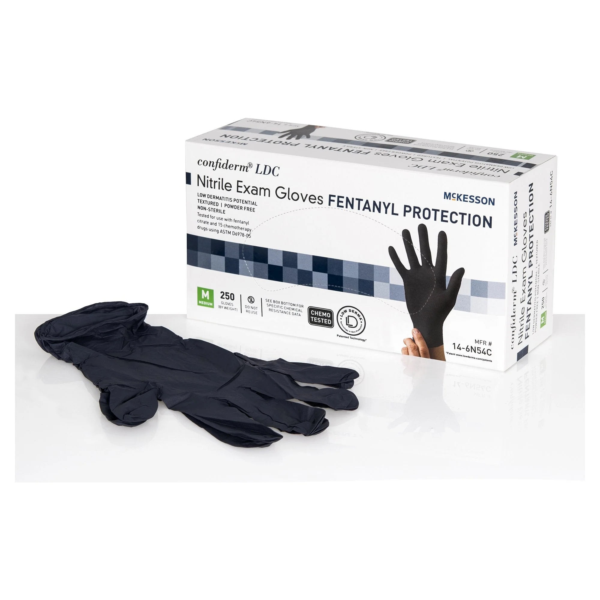 Exam Glove McKesson Confiderm LDC Medium 250 per Box NonSterile Nitrile Standard Cuff Length Fully Textured Black Chemo Tested / Fentanyl Tested