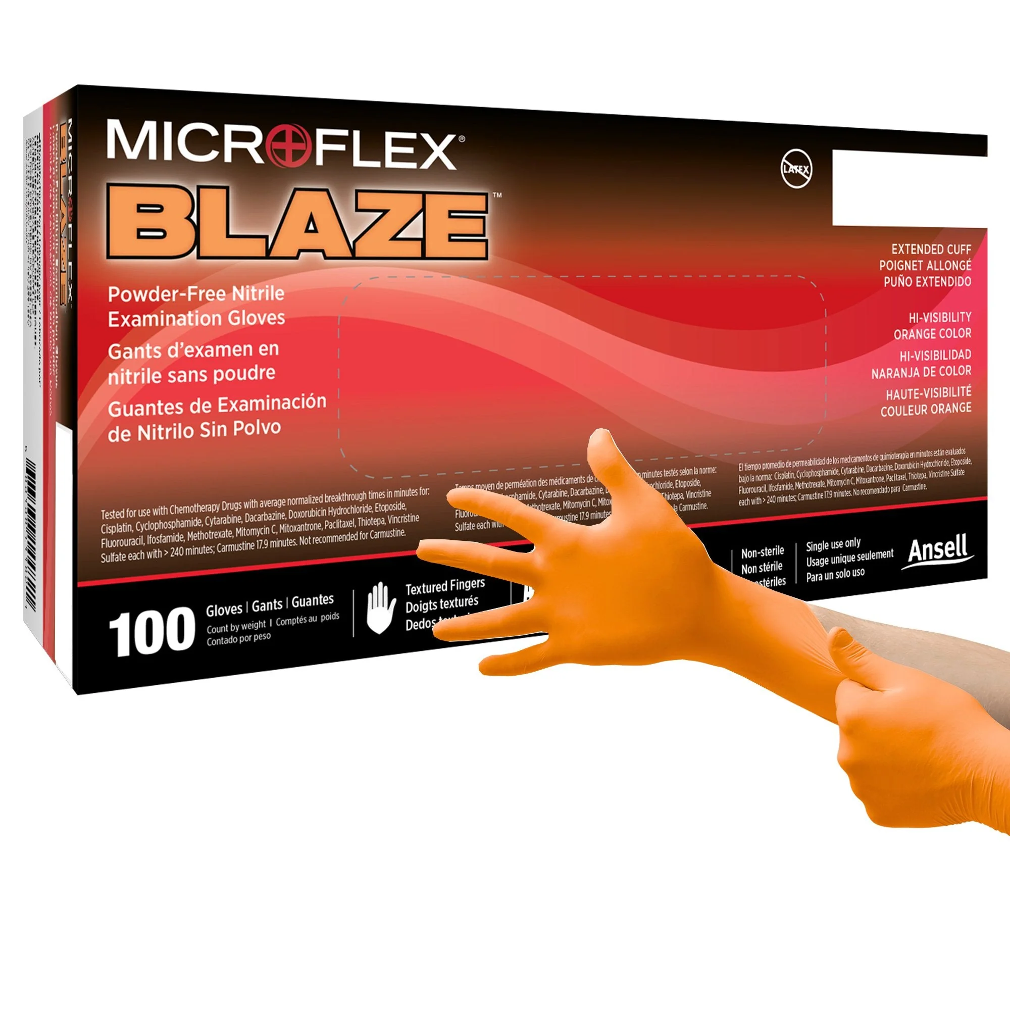 Exam Glove MICROFLEX Blaze X-Large 100 per Box NonSterile Nitrile Standard Cuff Length Textured Fingertips Orange Not Rated