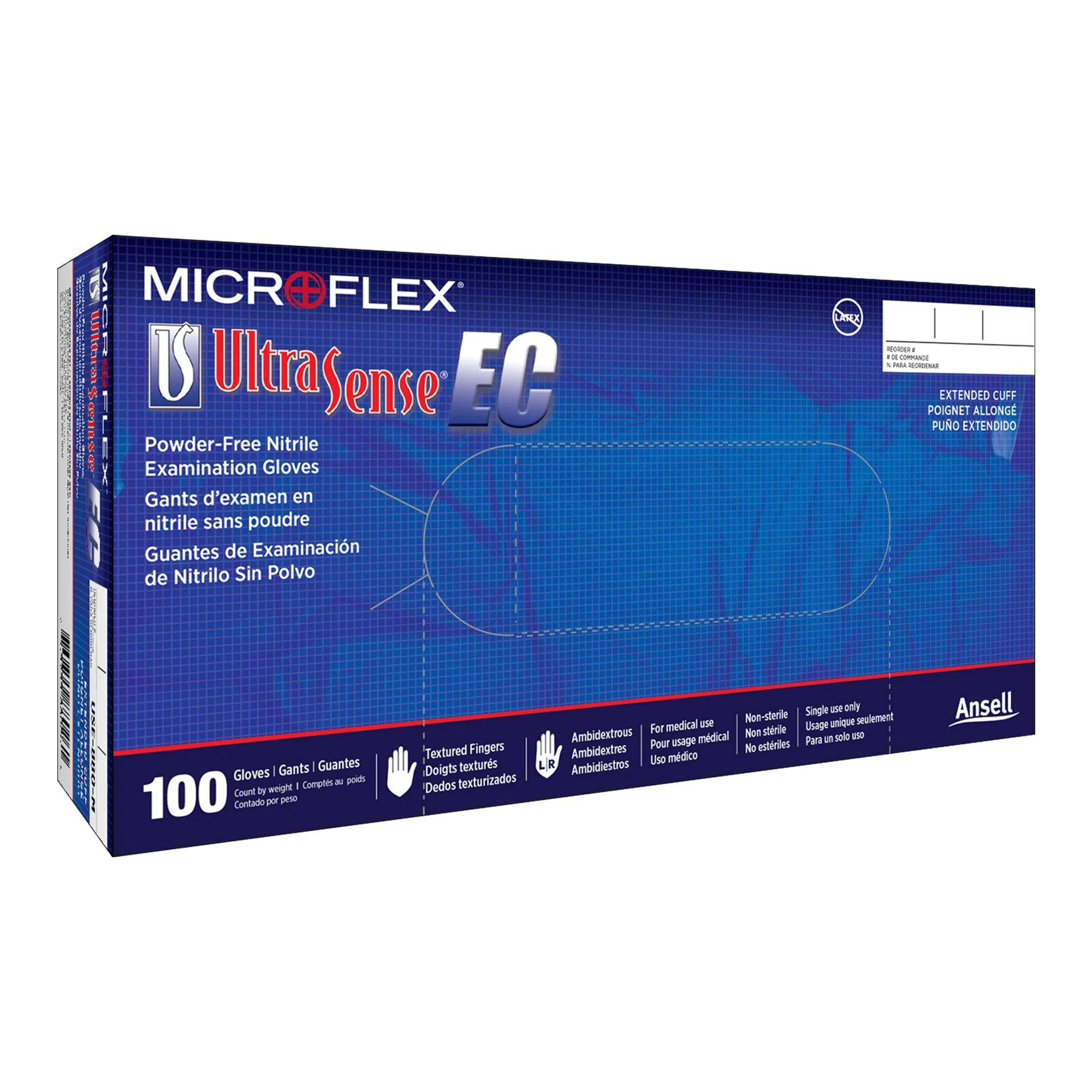 Exam Glove Ultrasense EC X-Large 100 per Box NonSterile Nitrile Extended Cuff Length Textured Fingertips Blue Not Rated