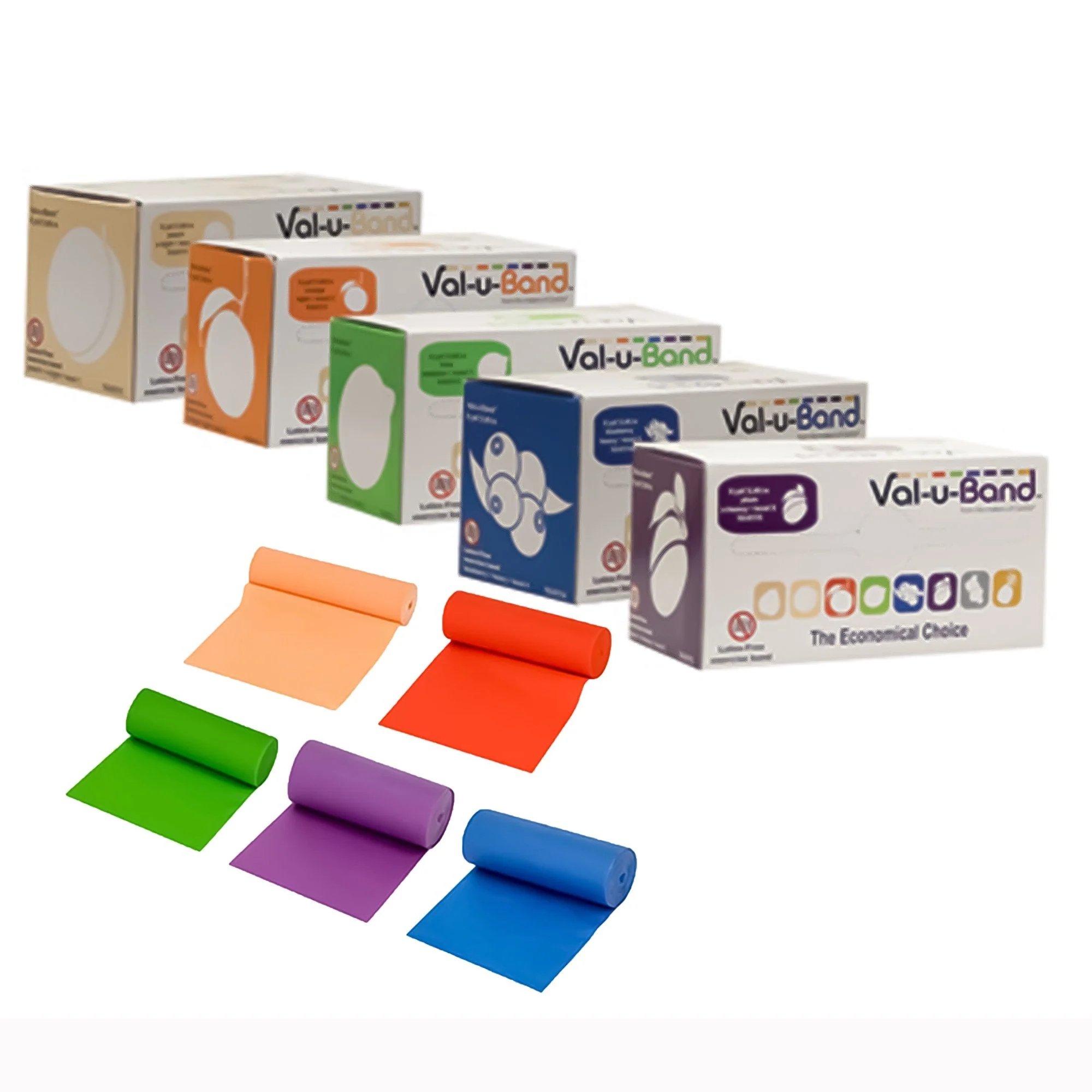 Exercise Resistance Band Set Val-u-Band Peach / Orange / Lime / Blueberry / Plum 3 Inch X 6 Yard X-Light to X-Heavy Resistance