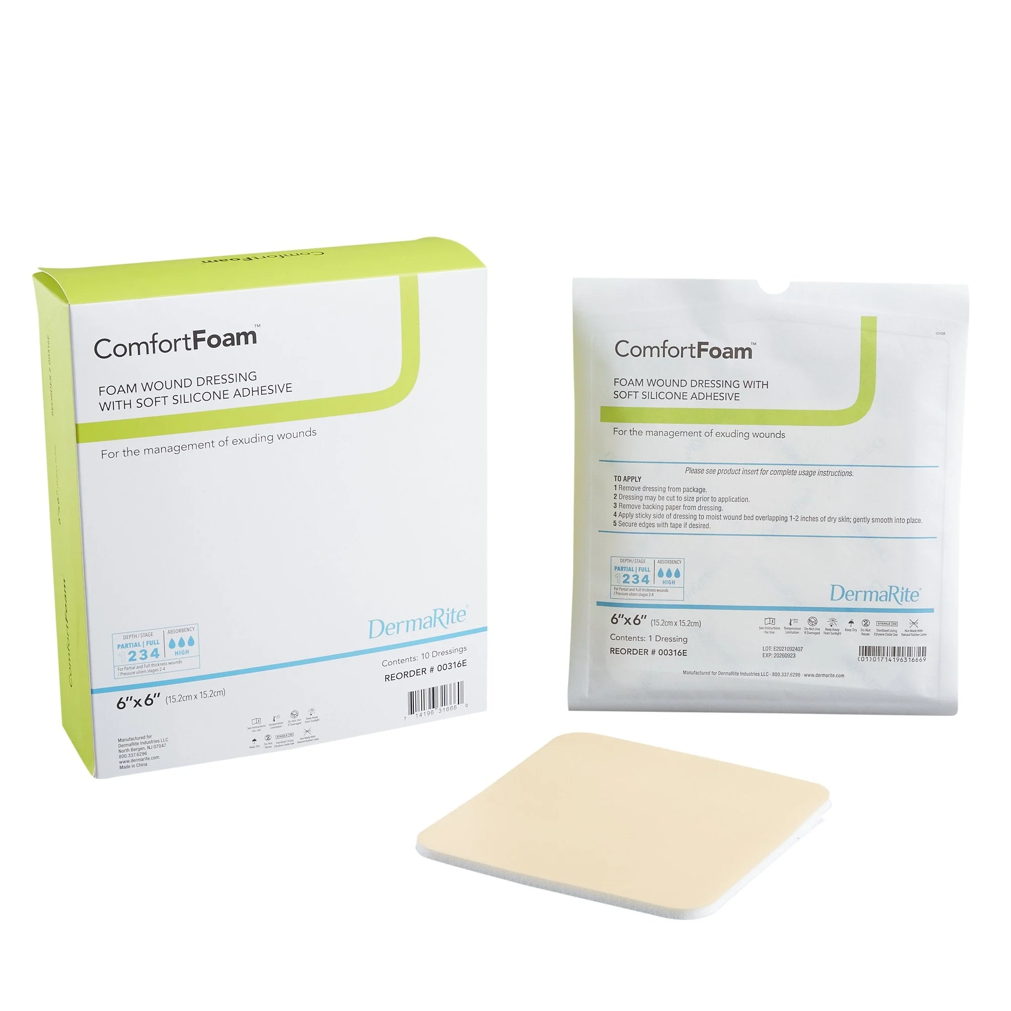 Sion Brands LLC ComfortFoam Silicone Adhesive without Border Silicone Foam Dressing, 6 x 6 Inch (10/BX)