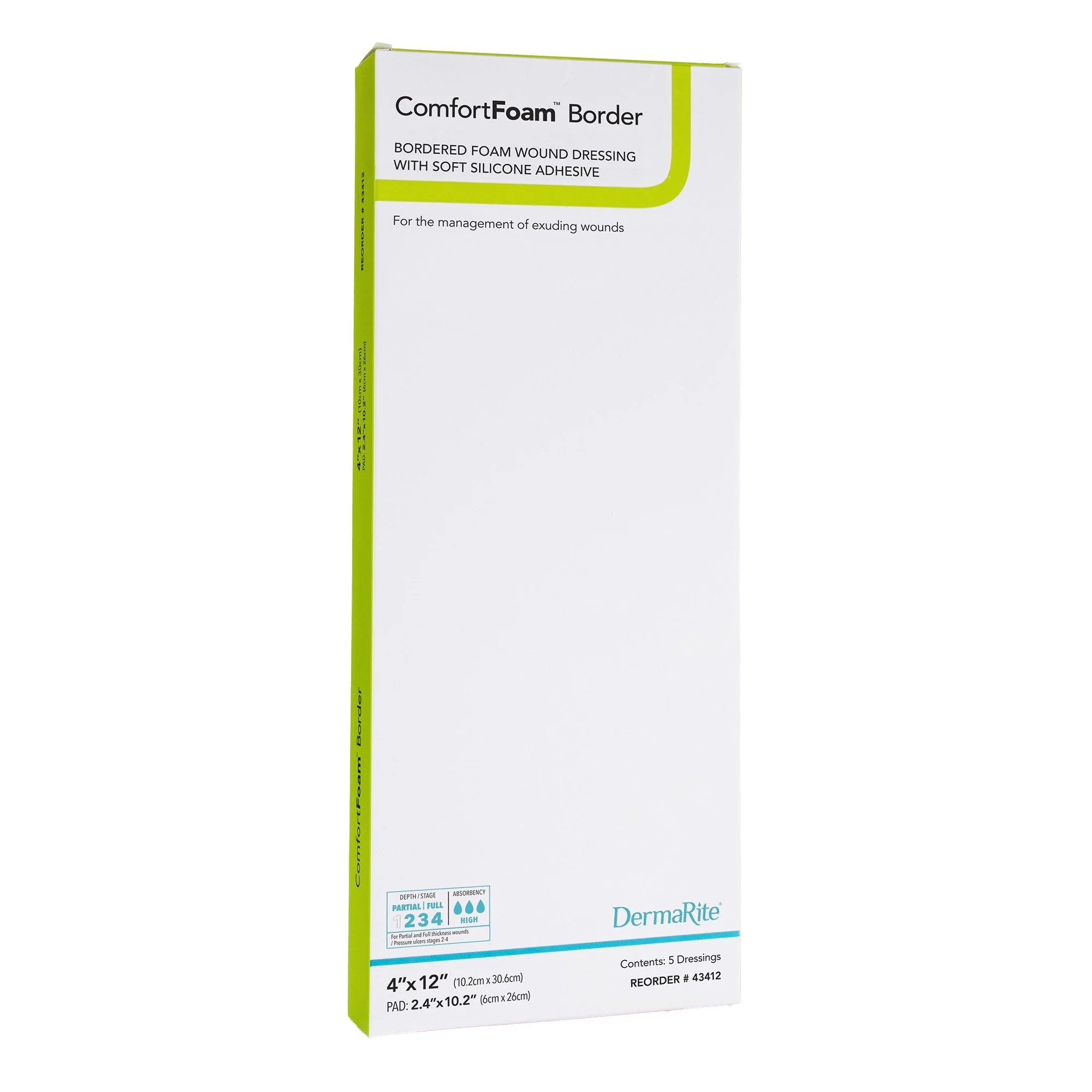Sion Brands LLC ComfortFoam Bordered Foam Wound Dressing w/ Soft Silicone Adhesive, 4 x 12 Inch (5/BX)