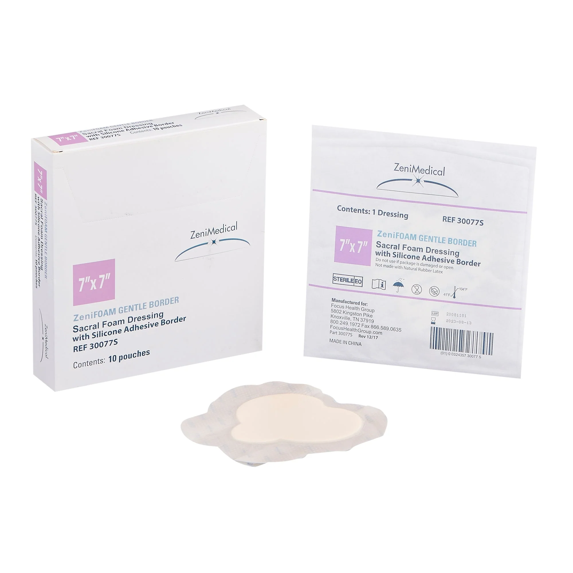 Focus Health Group Foam Dressing Zenifoam Gentle Border 7 X 7 Inch With Border Waterproof Backing Silicone Face and Border Sacral Sterile (10/BX)