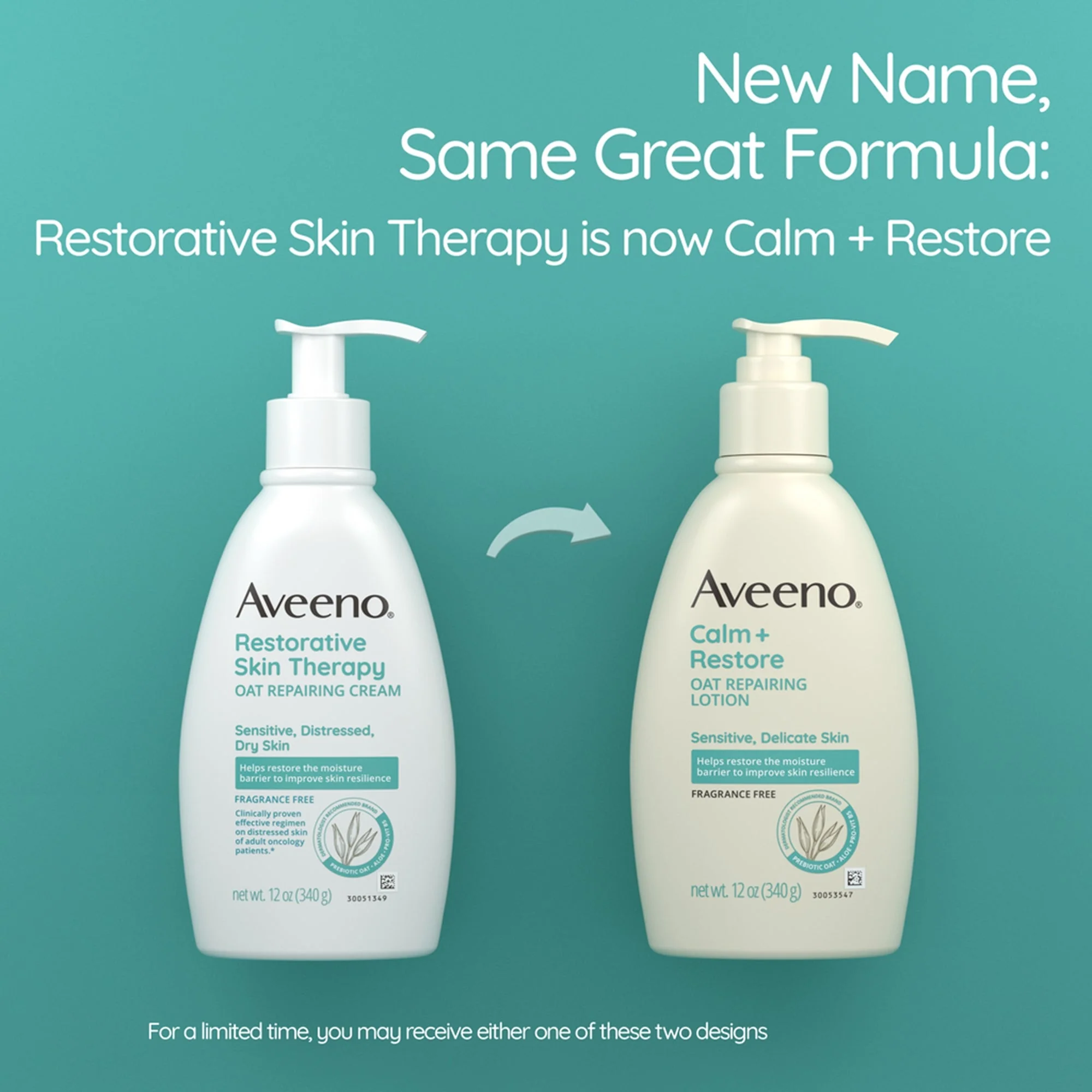 J & J Sales Aveeno Calm + Restore Oat Repairing Lotion Fragrance Free, 12-ounce Pump Bottle - Image 2