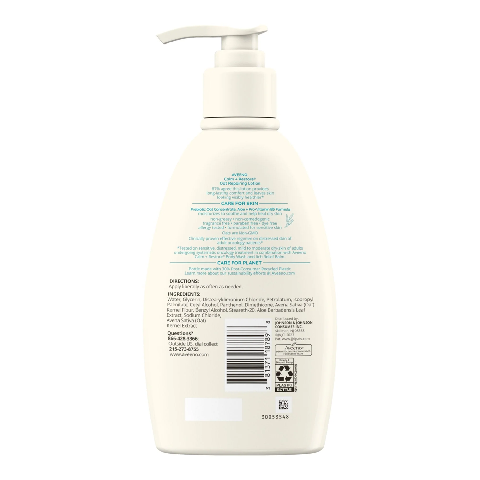J & J Sales Aveeno Calm + Restore Oat Repairing Lotion Fragrance Free, 12-ounce Pump Bottle - Image 3