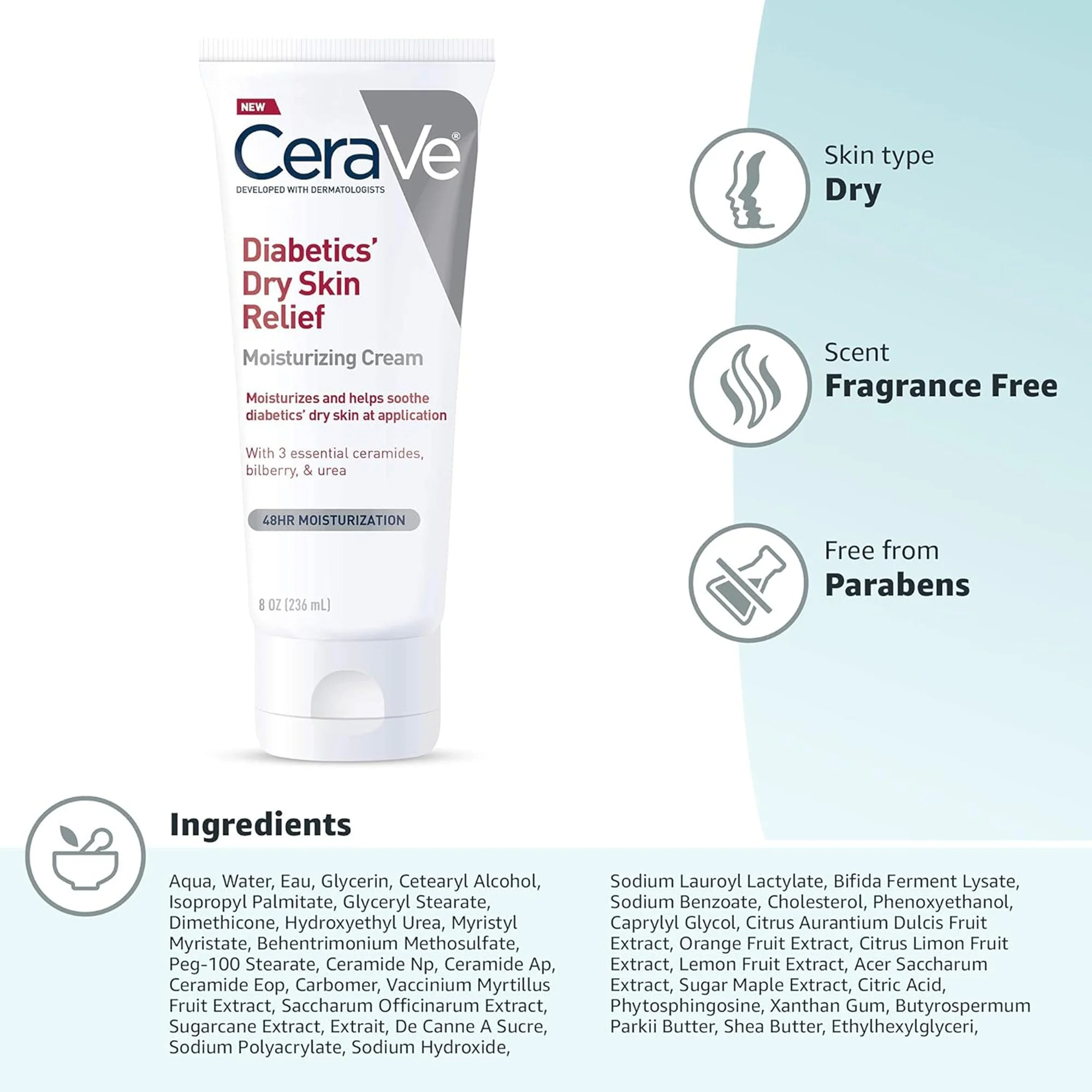 Loreal USA CeraVe Diabetics' Dry Skin Relief Moisturizing Cream, 8-ounce Tube - Image 6