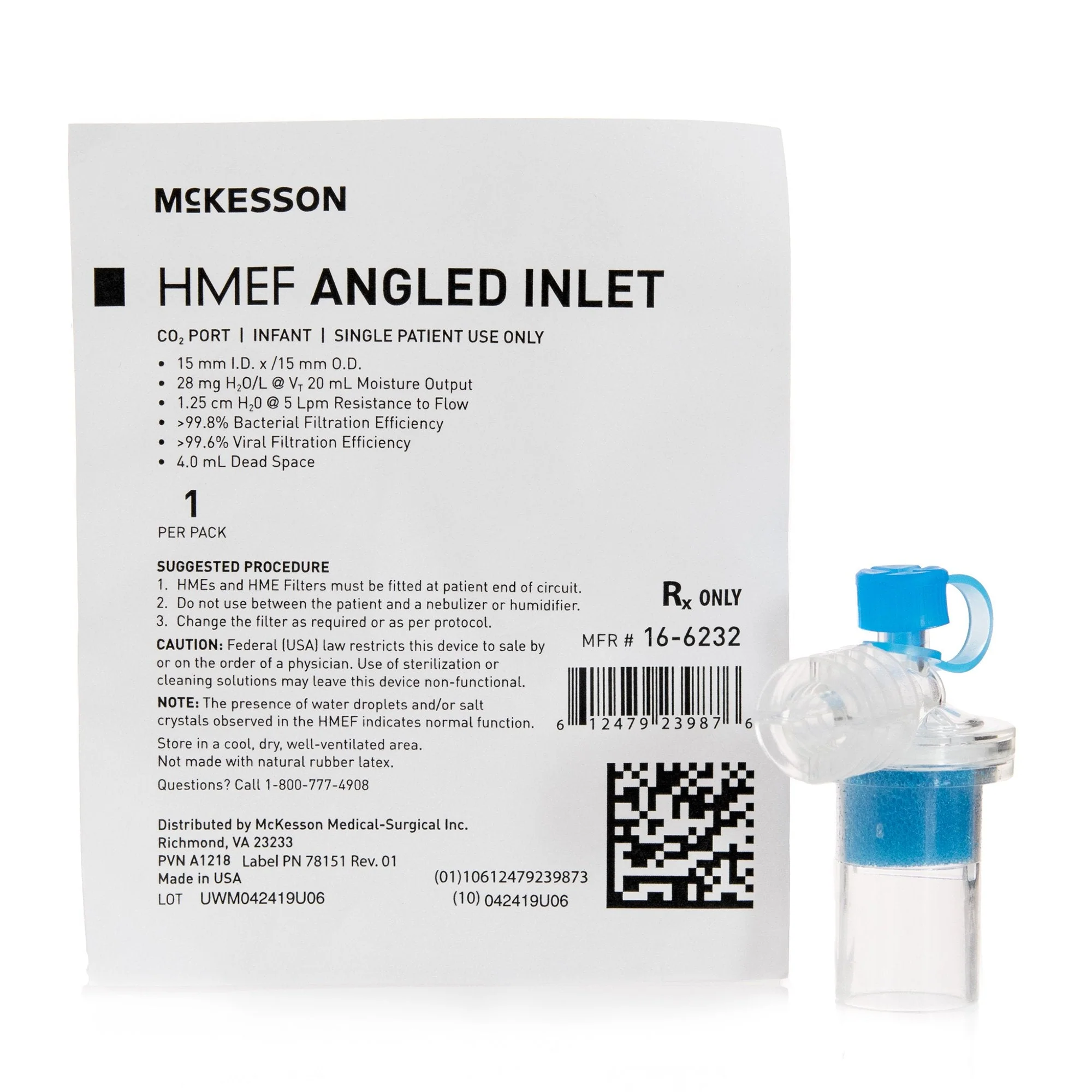 Heat and Moisture Exchanger with Filter McKesson 28 mg H₂O/L @ VT 20 mL 1.25 cm H₂O @ 5 LPM Angled