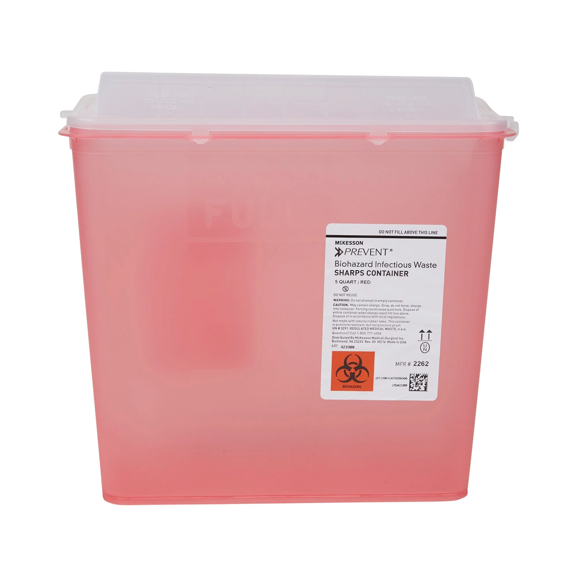 McKesson Brand McKesson Prevent Red Sharps Container, 1.25 Gallon, 10.75 x 10.5 x 4.75 Inch (20/CS)