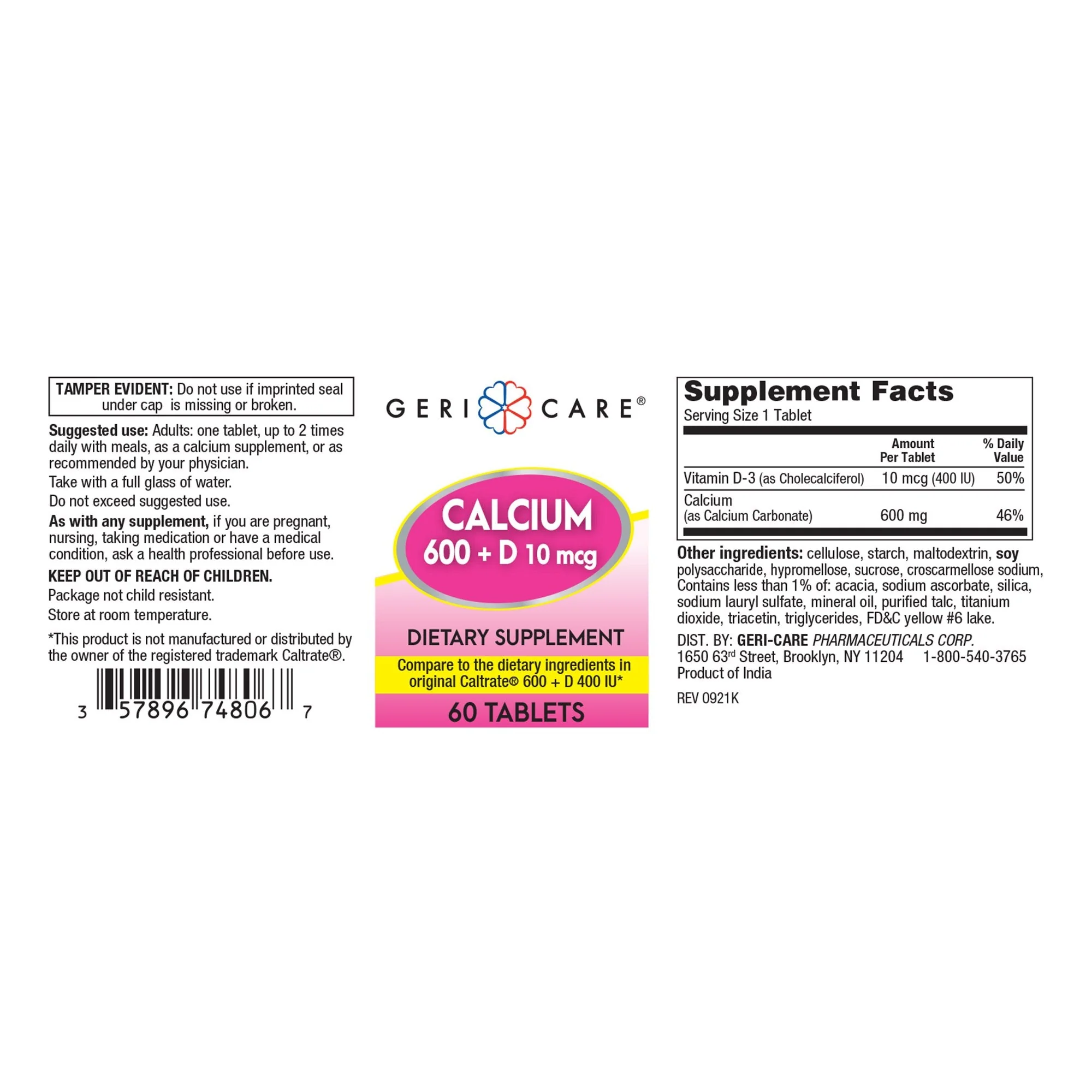 Geri-Care Geri-Care Calcium 600 + D Dietary Supplement (720/CS) - Image 2