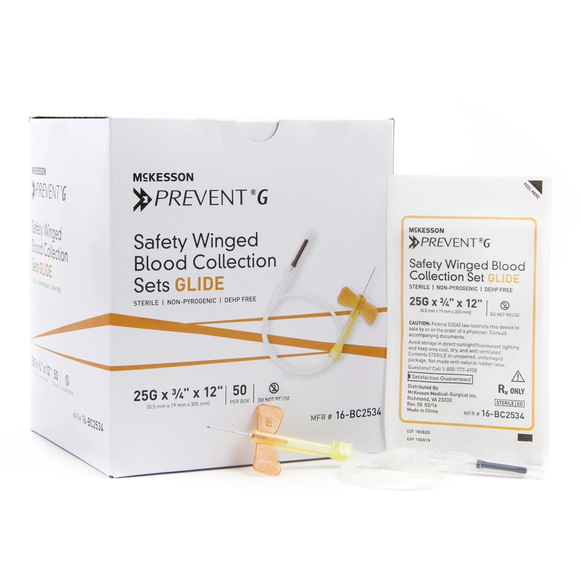 McKesson Prevent G Blood Collection Set 25 Gauge 3/4 Inch Needle Length Safety Needle 12 Inch Tubing Sterile