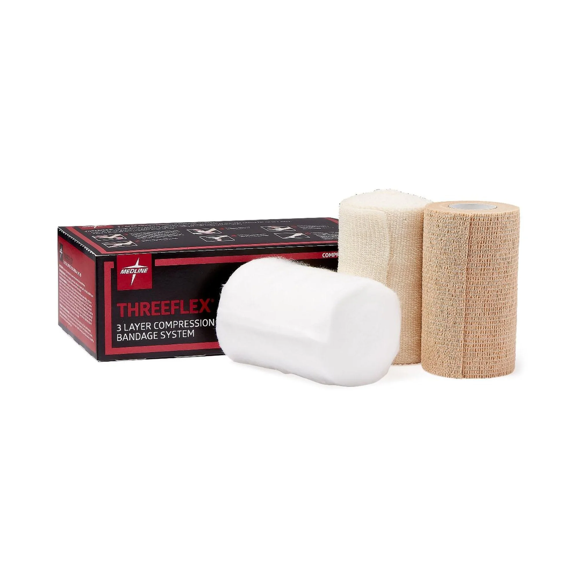 Medline 3 Layer Compression Bandage System ThreeFlex 4 Inch X 3-4/5 Yard, 4 Inch X 3 Yard, 4 Inch X 3-1/5 Yard Self-adherent / Tape Closure Tan / White NonSterile Low Compression (MSC4300 / CS)