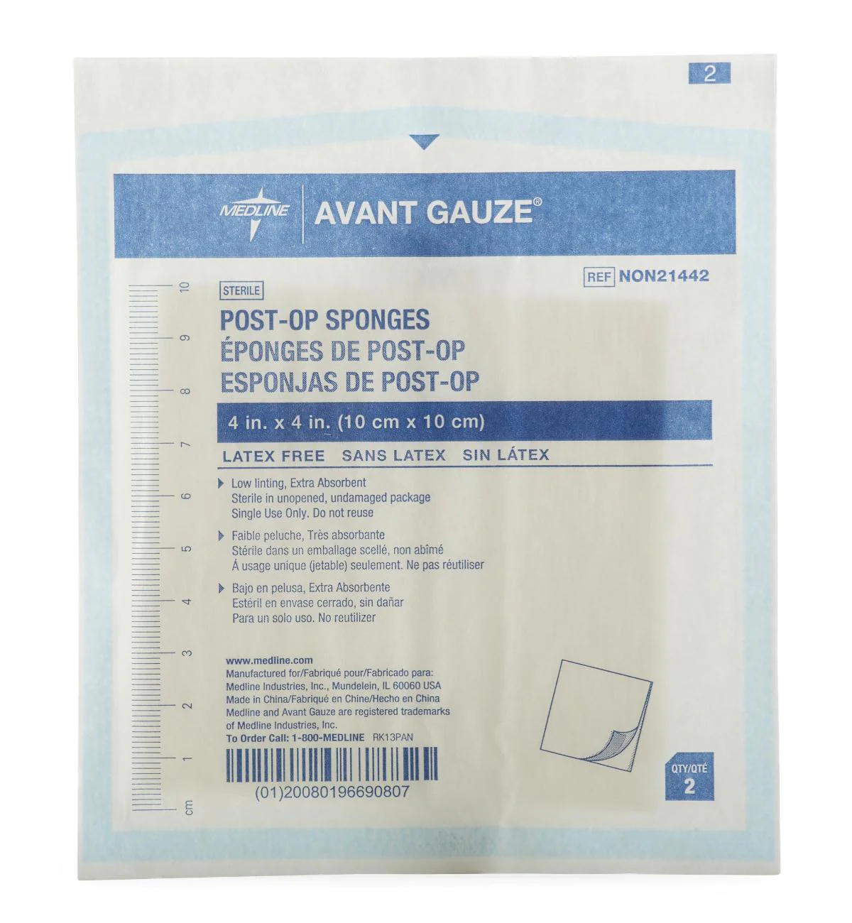 Medline Cellulose Filled Nonwoven Sponge Avant Gauze 4 X 4 Inch 8-Ply Sterile 2 per Pack (NON21442 / CS)